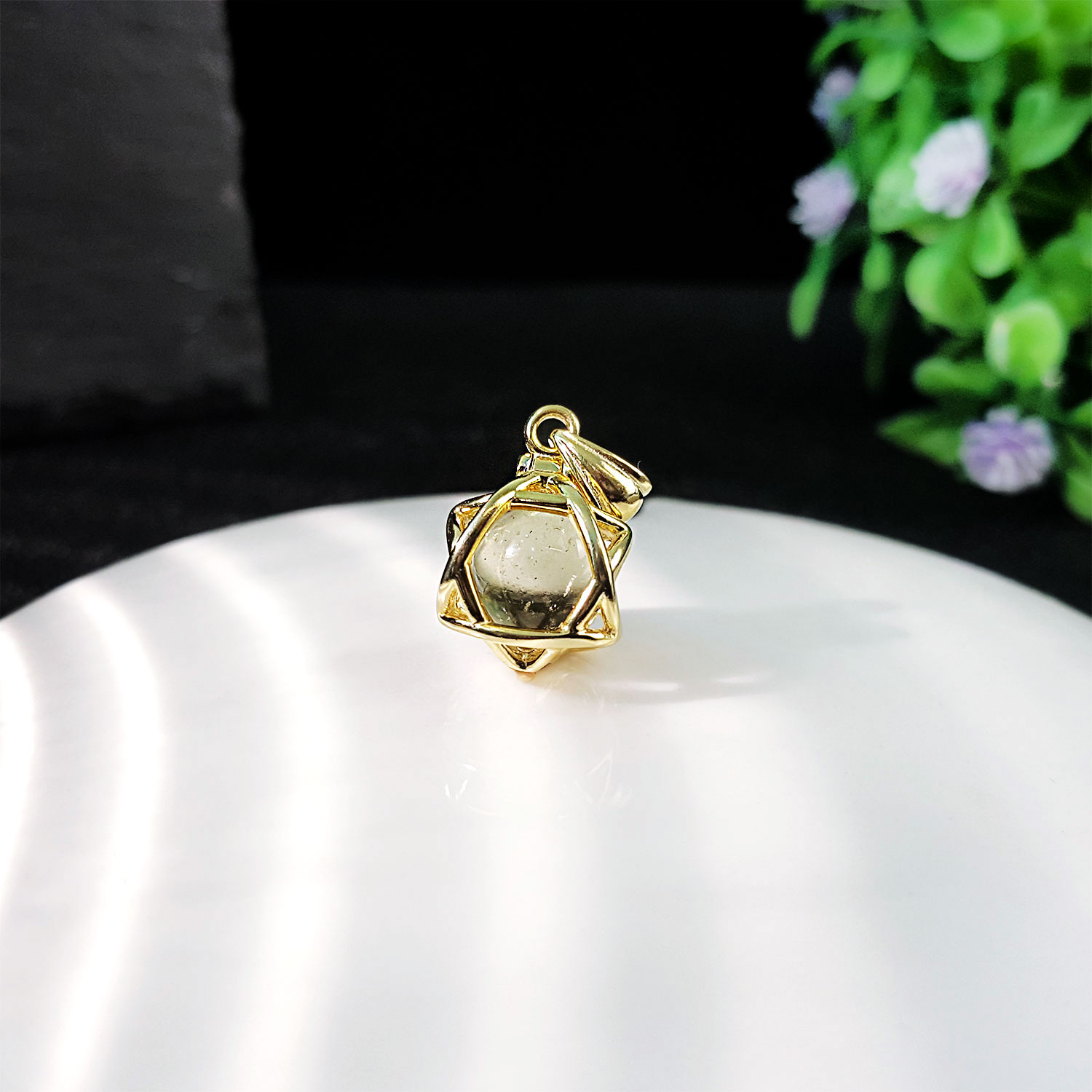 Libyan Gold Desert Glass Lucky Star Pendant - Gold Frame