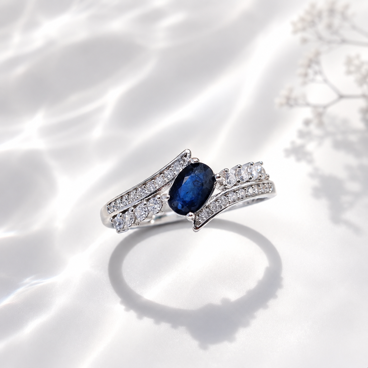 Elegent Blue Sapphire and Double Layer Zircon Design Adjustable Rings (925)