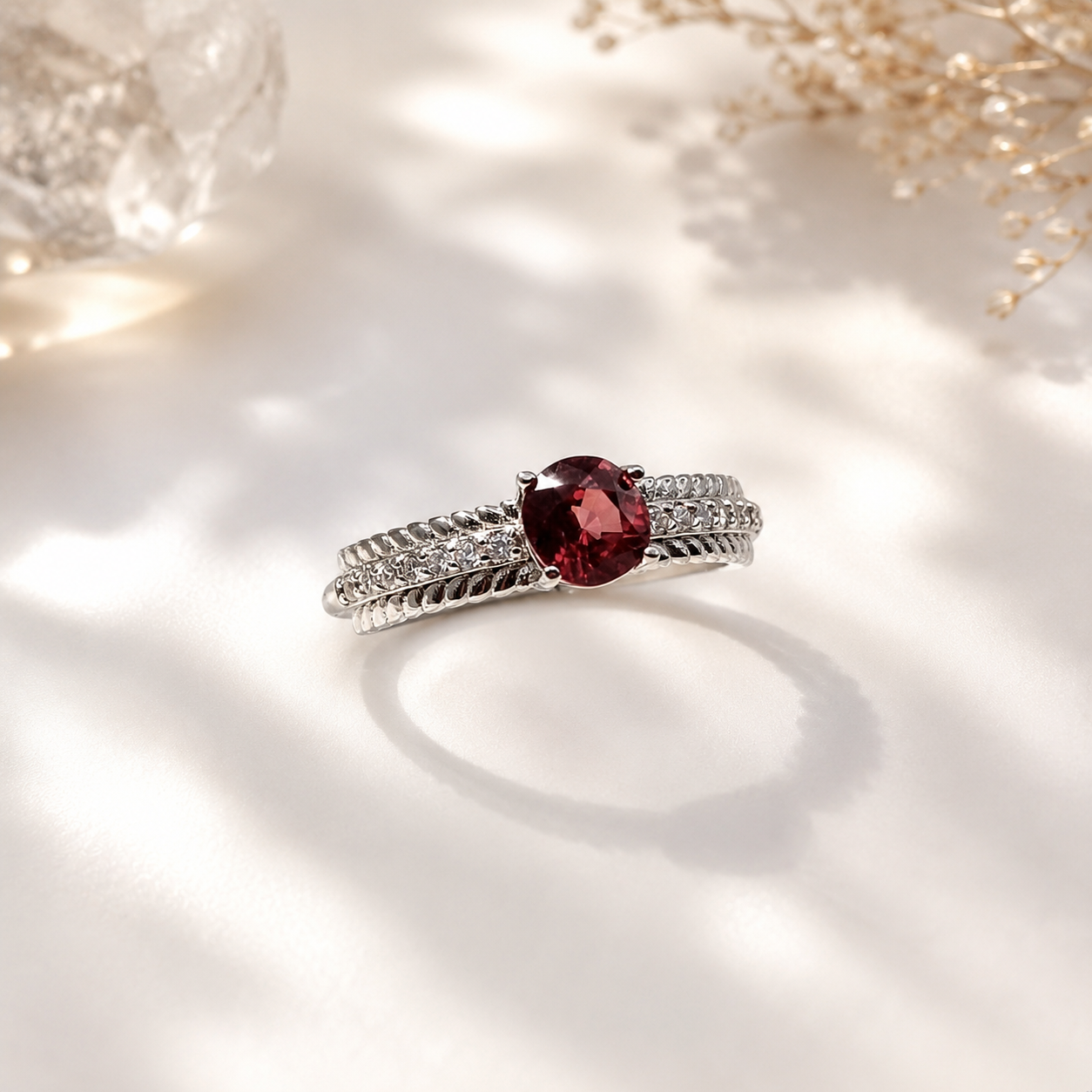 Elegent Rubellite and Zircon Oval Design Adjustable Ring （925）