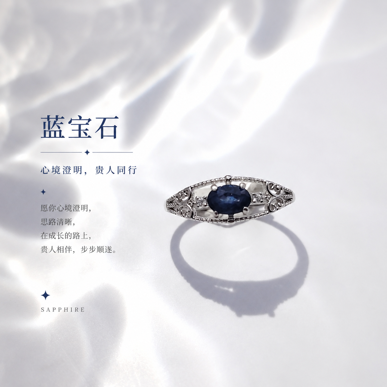 Elegent Blue Sapphire and Zircon Design Adjustable Ring