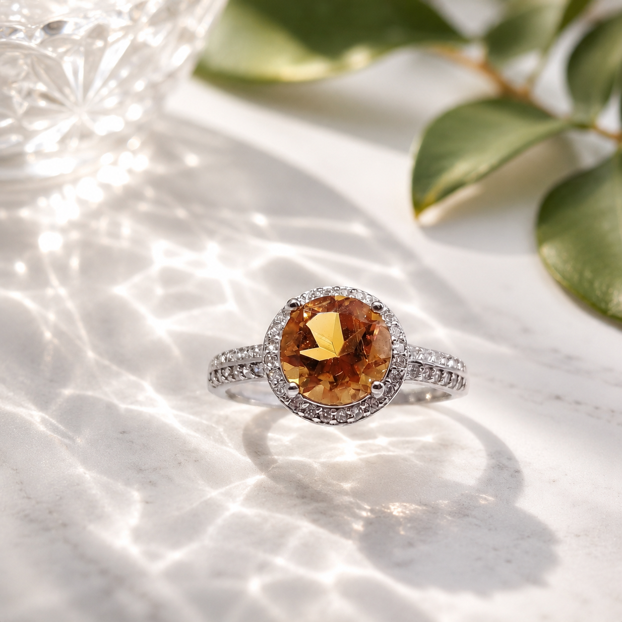 Elegant Citrine and Zircon Round Design Adjustable Ring