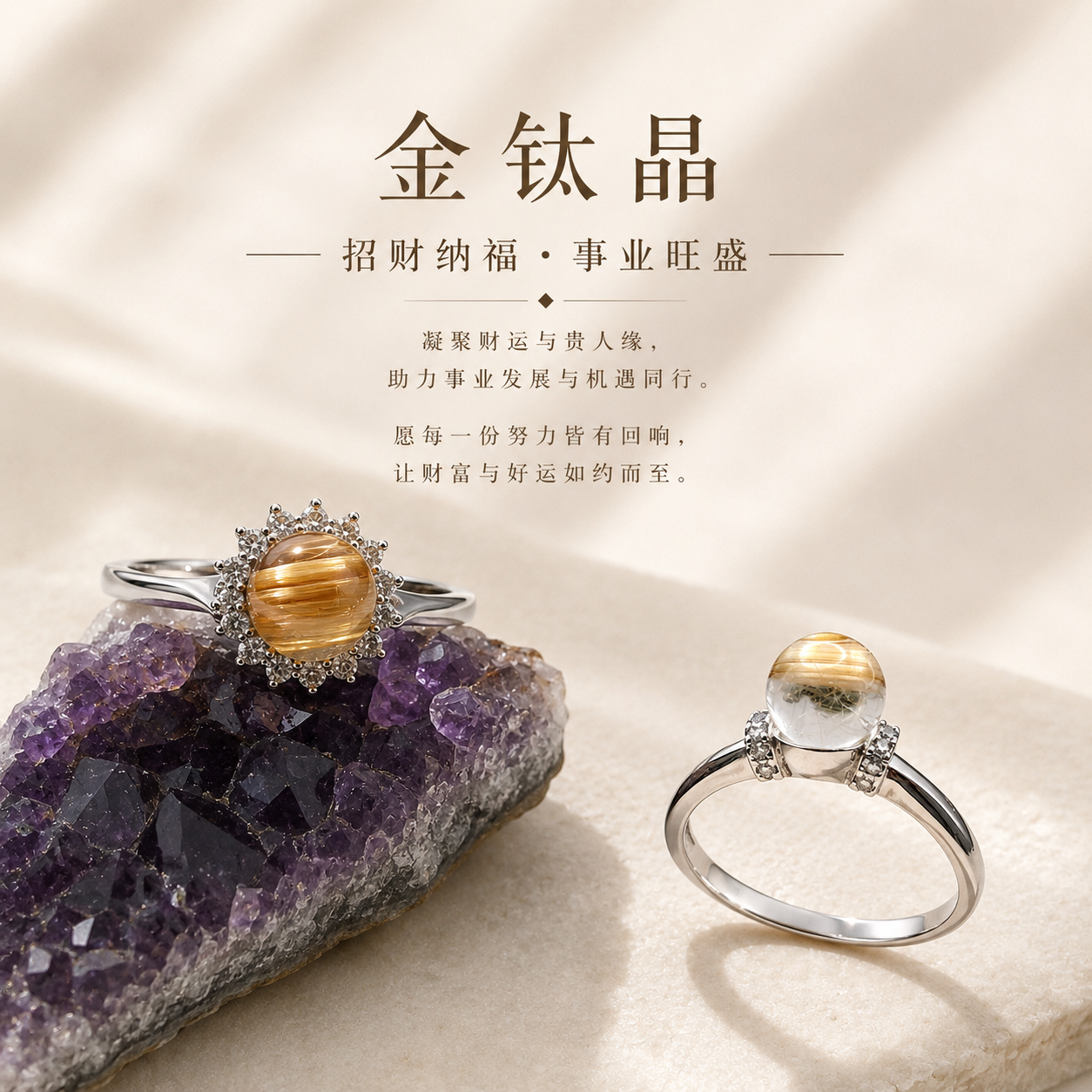 Golden Rutilated Sterling Silver White Gold Plated Adjusted Ring