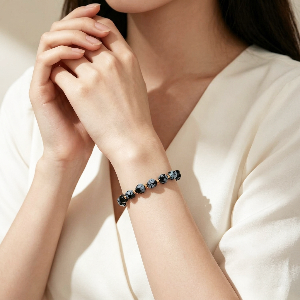 19 Oct - 7mm Snow Flake Obsidian S Shape Bracelet