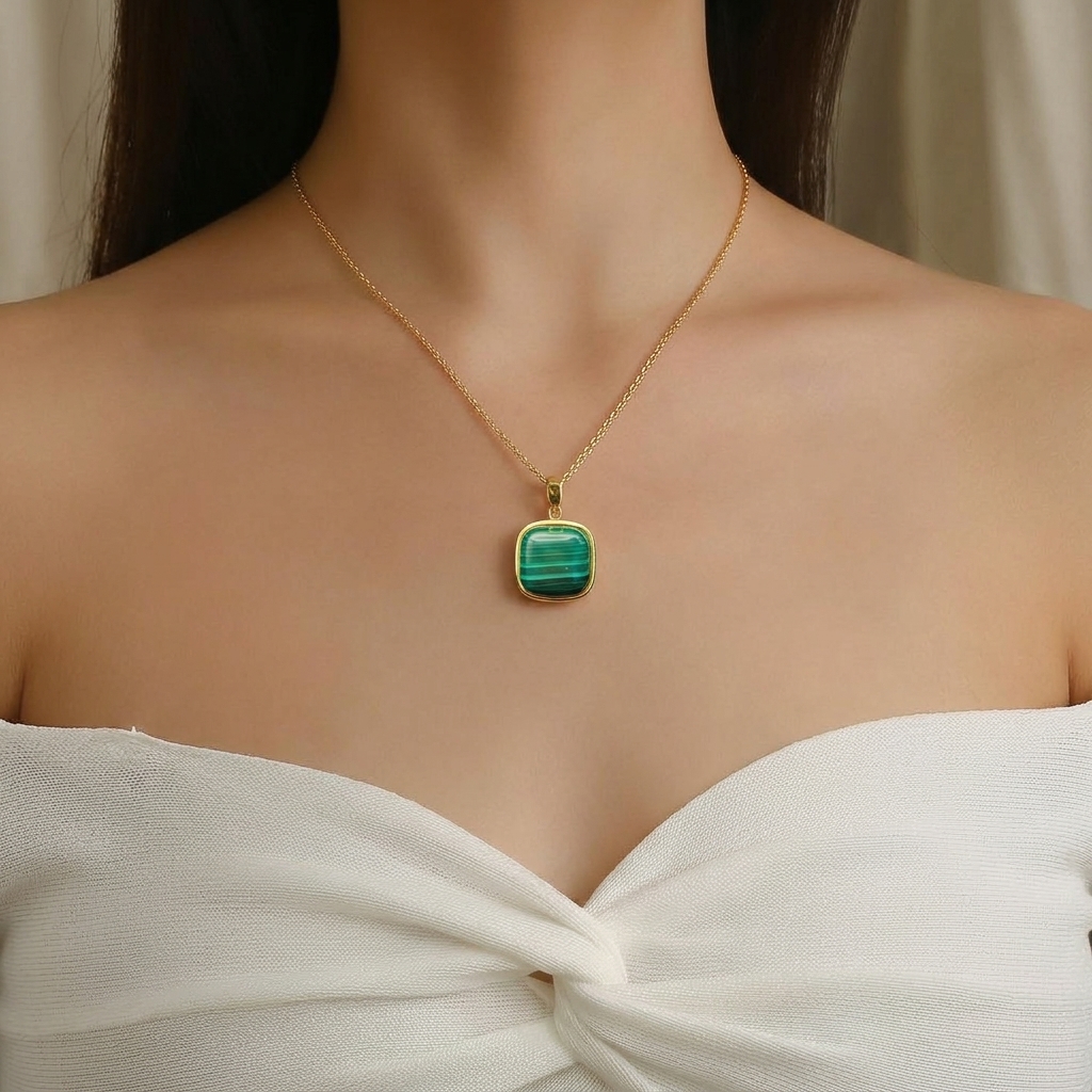 Malachite Square Sterling Silver Gold Plated Pendant