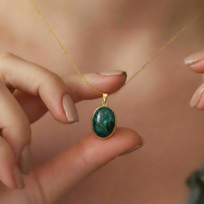 Chrysocolla Oval Shape Pendant (925) - Gold