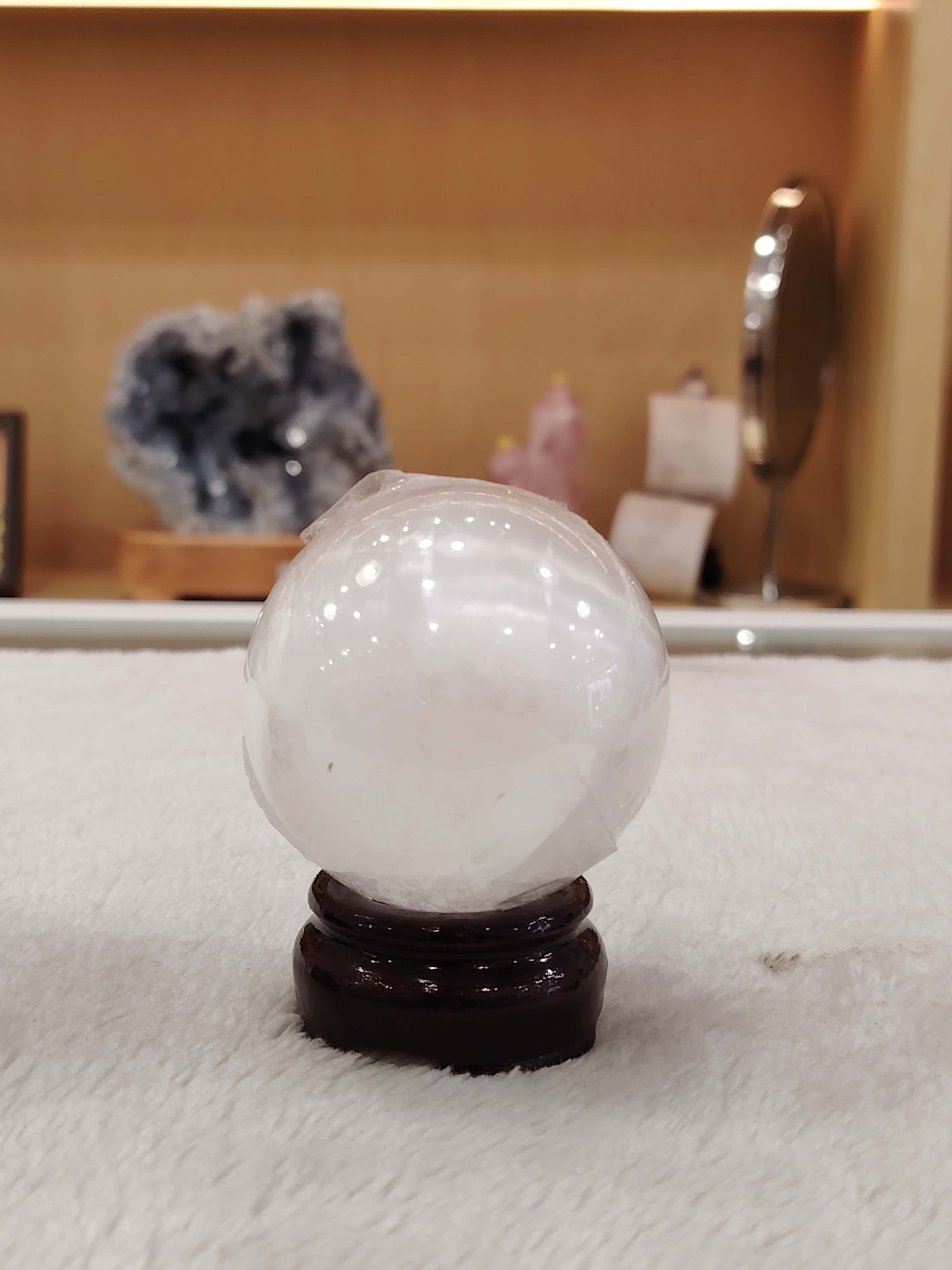 Selenite Ball with Wood Stand