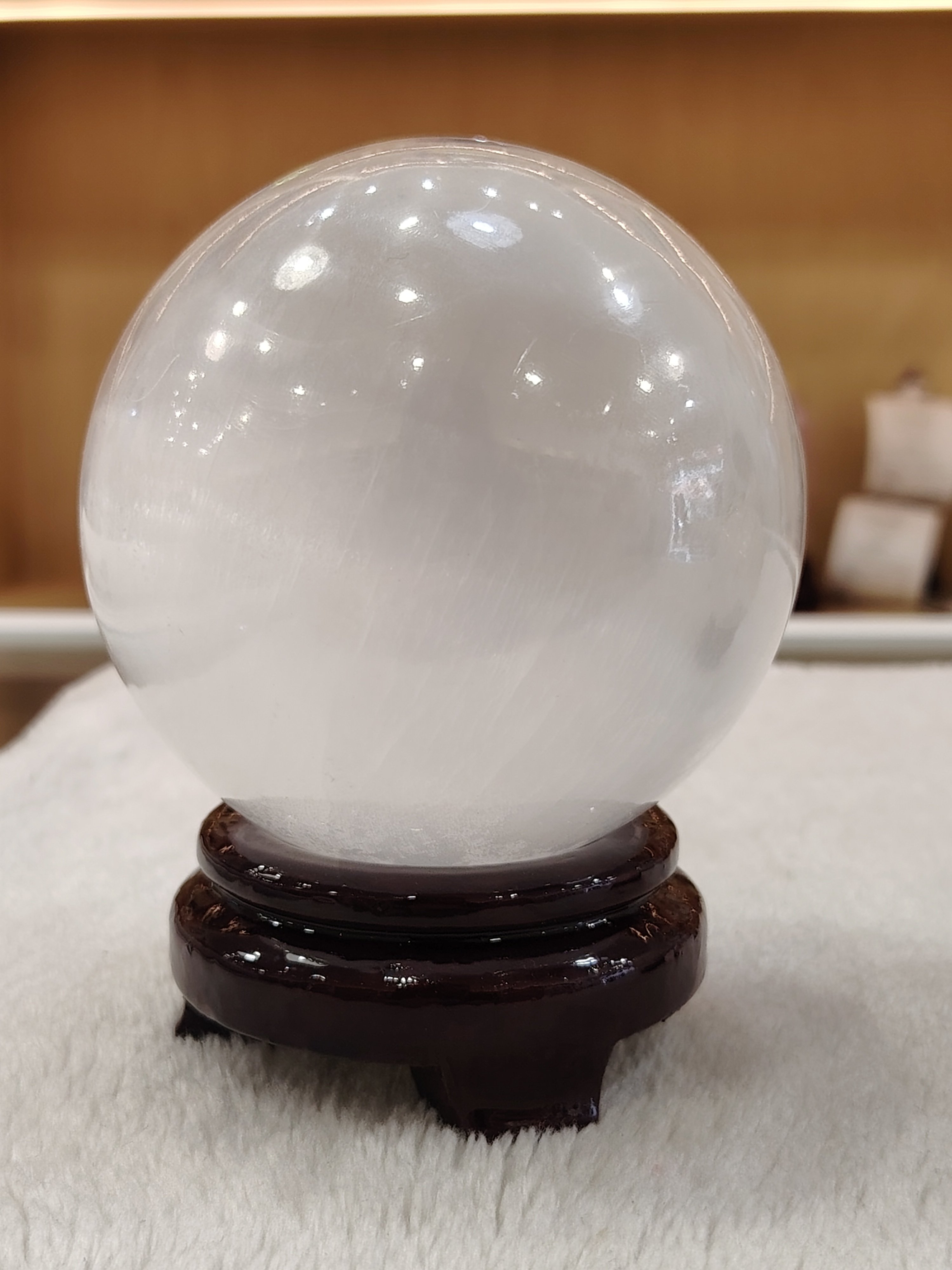 Selenite Ball with Wood Stand