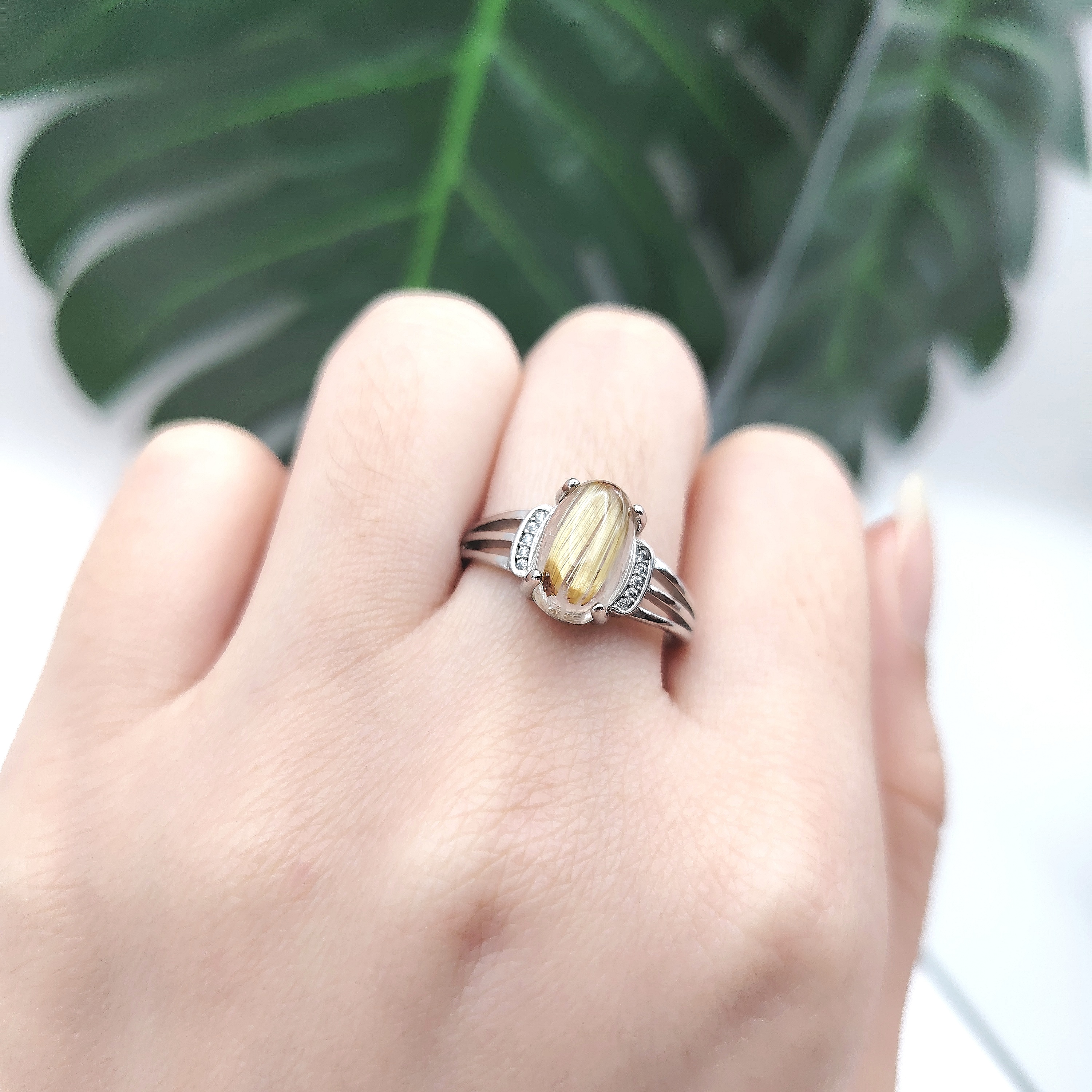 Golden Rutilated Sterling Silver White Gold Plated Adjusted Ring