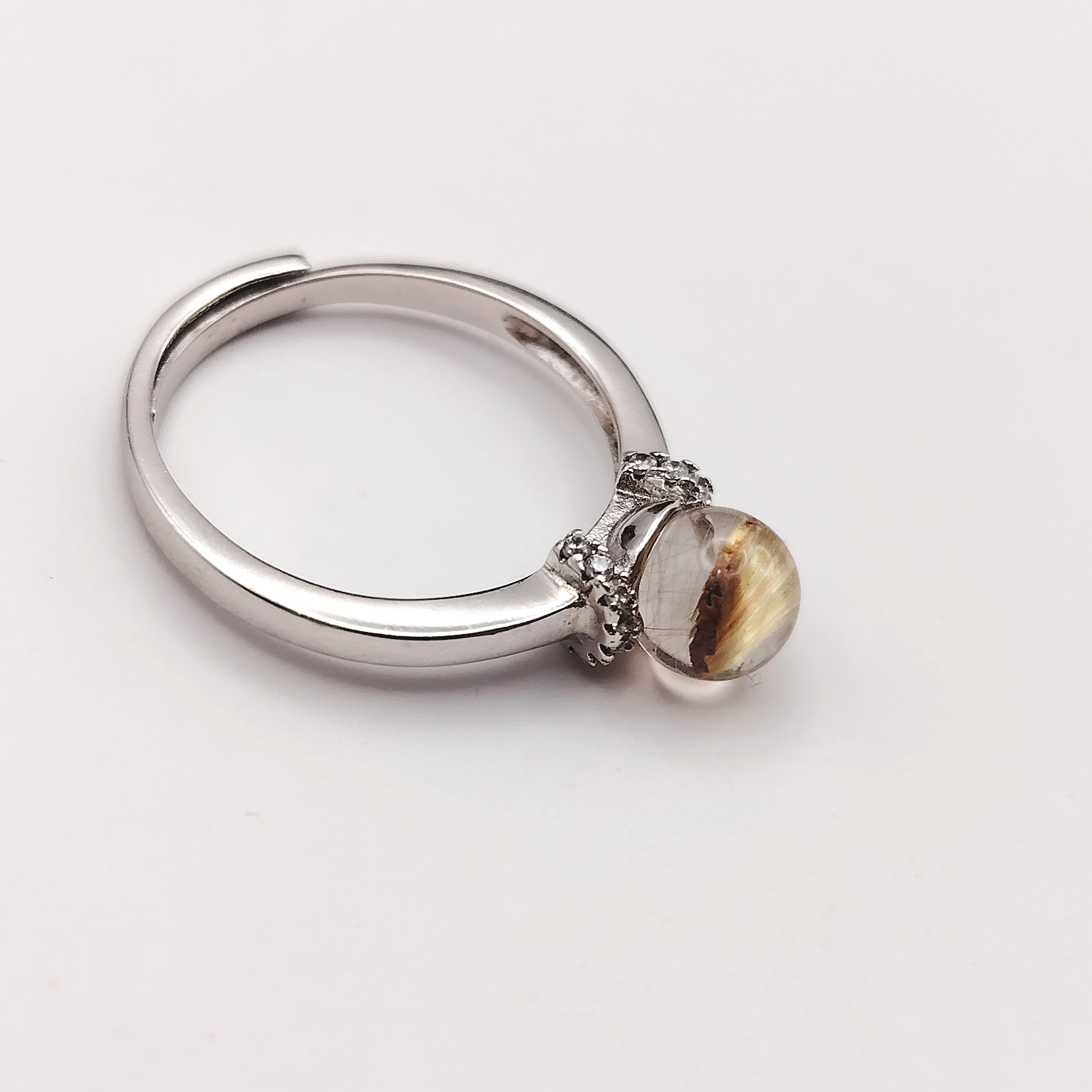 Golden Rutilated Sterling Silver White Gold Plated Adjusted Ring