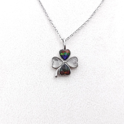 Meteorite and Canada Ammolite Clover Love Stitching Pendant - White Gold