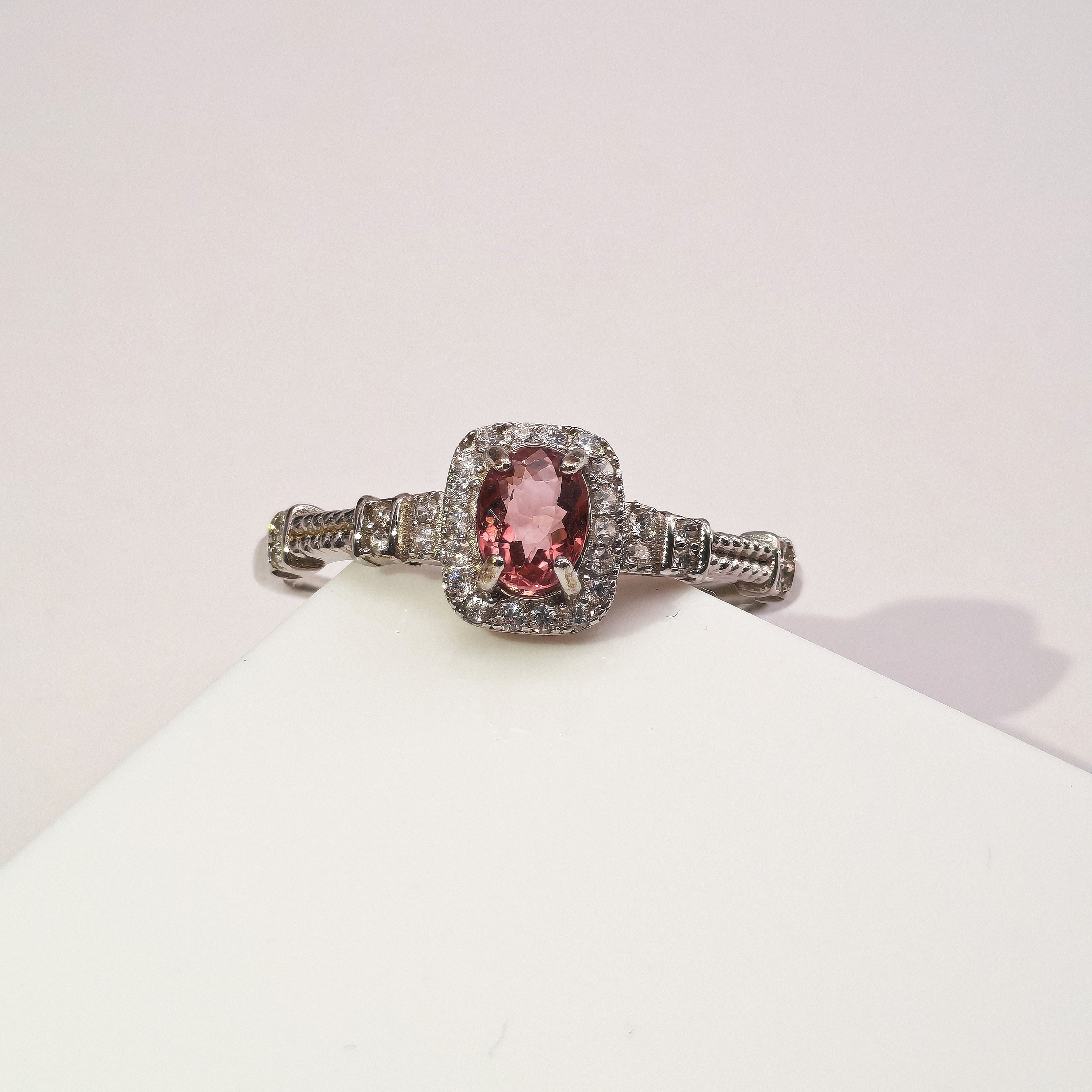 Elegant Rubellite and Zircon Oval Design Adjustable Ring
