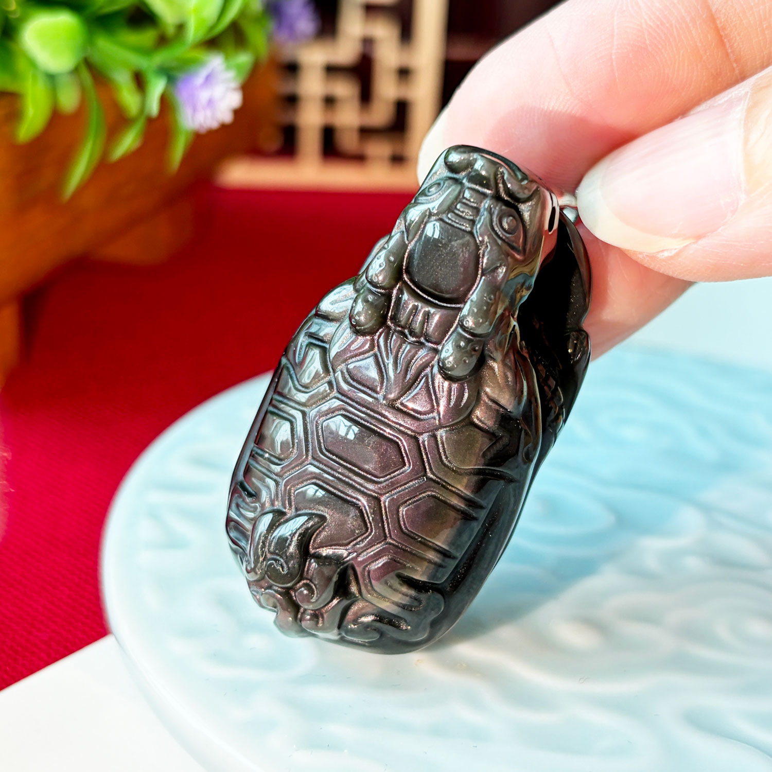 23 Sep - Rainbow Obsidian 3D Dragon Turtle Pendant