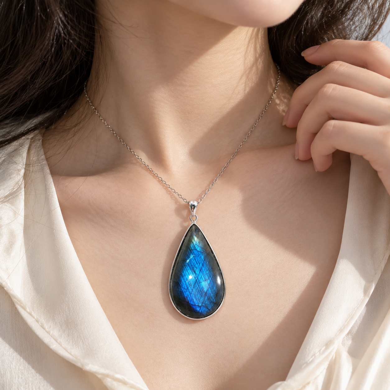 High Grade Blue Shine Labradorite Water Drop Pendant (925)