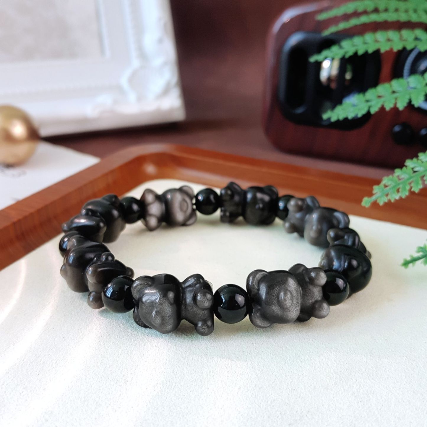 Silver Obsidian Bear Brick Design Bracelet
