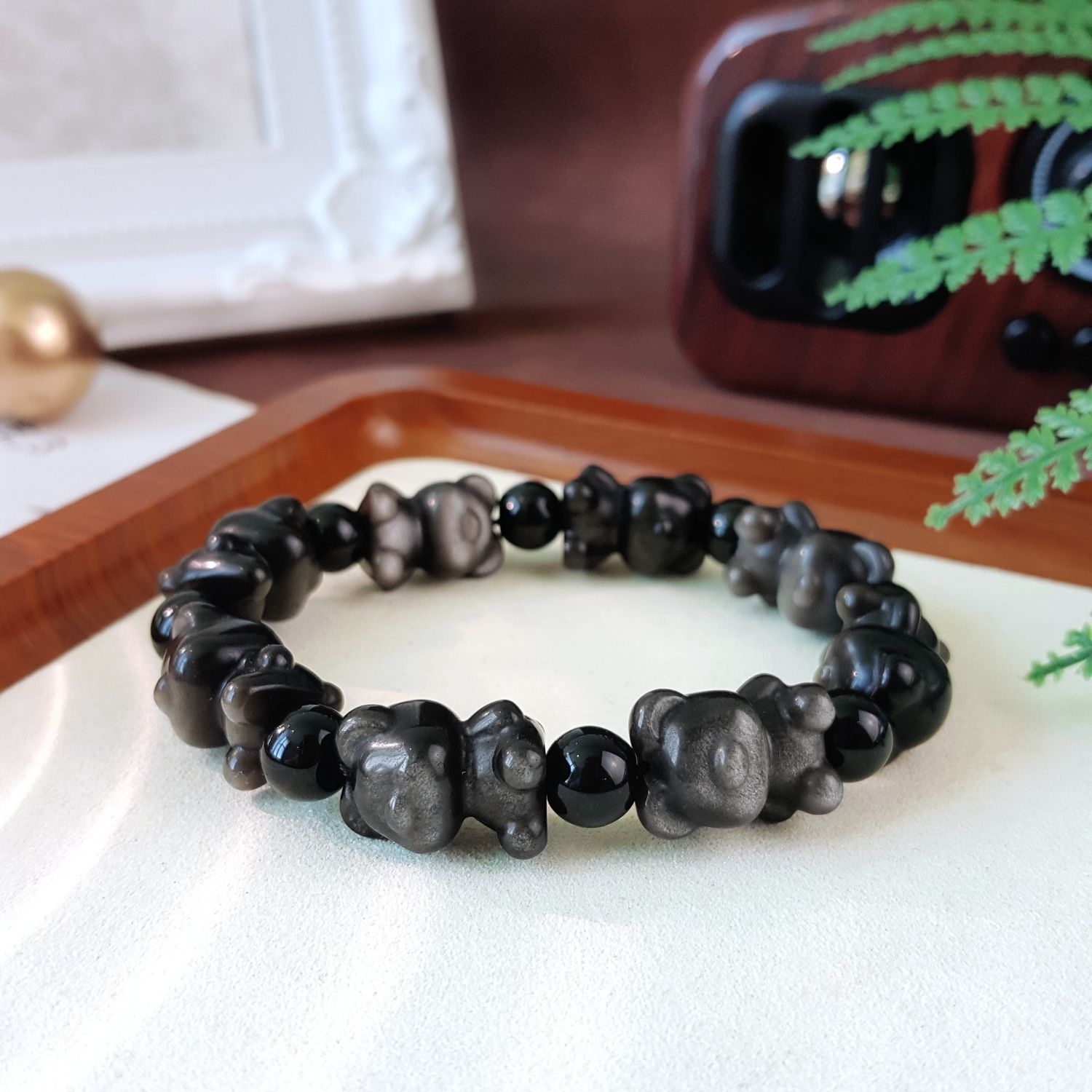 Silver Obsidian Bear Brick Design Bracelet