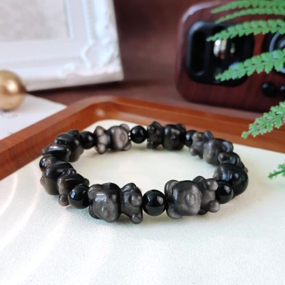 Silver Obsidian Bear Brick Design Bracelet