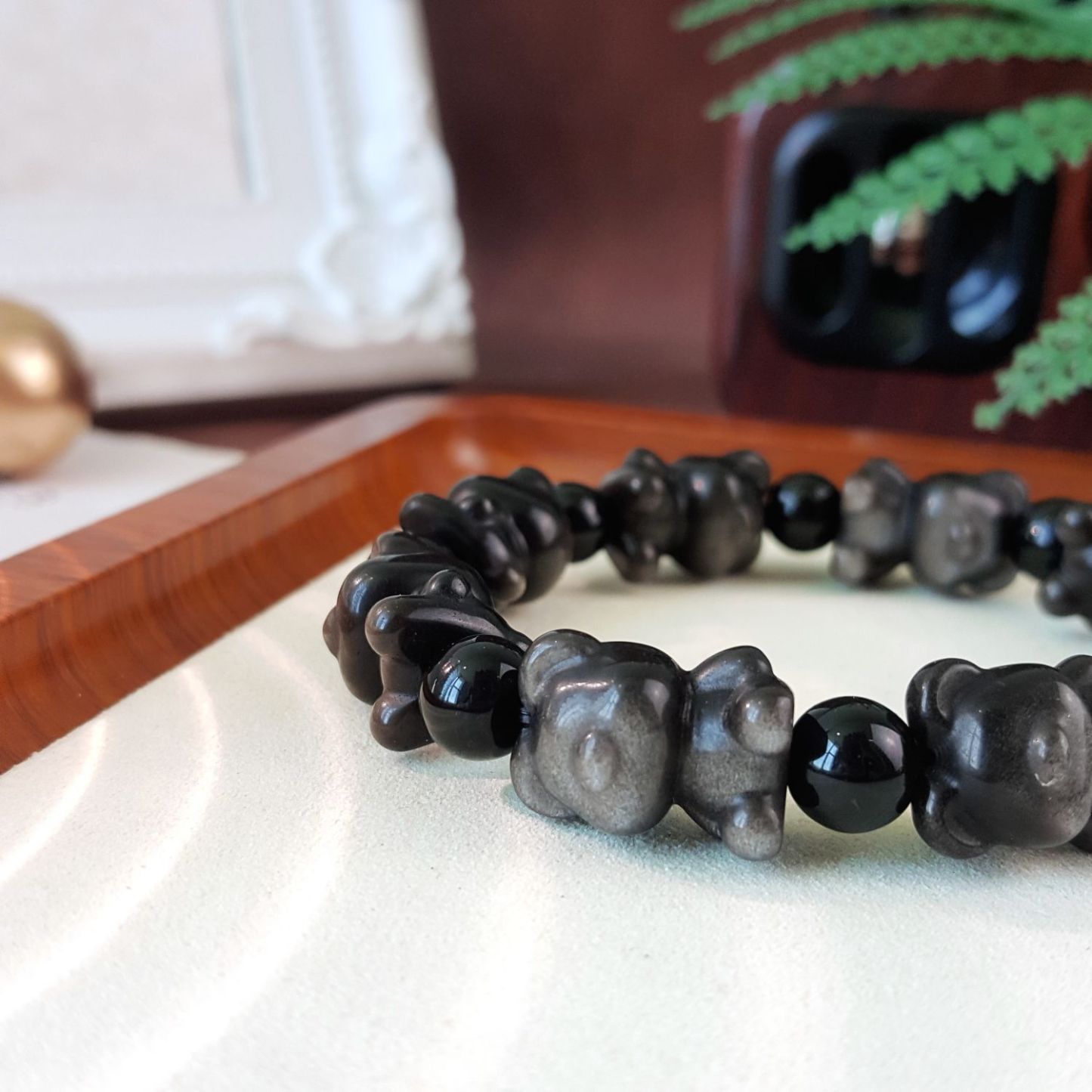 Silver Obsidian Bear Brick Design Bracelet