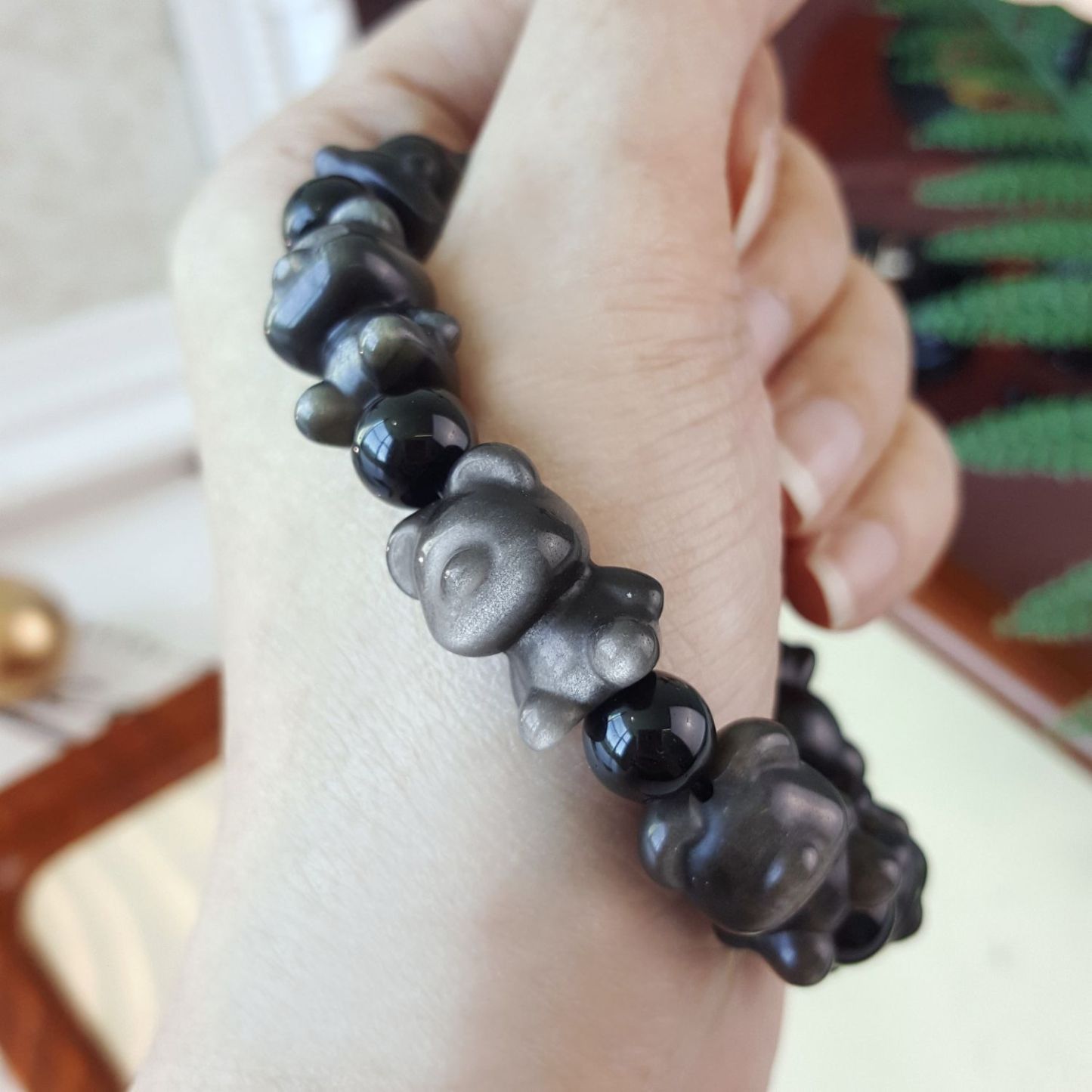 Silver Obsidian Bear Brick Design Bracelet