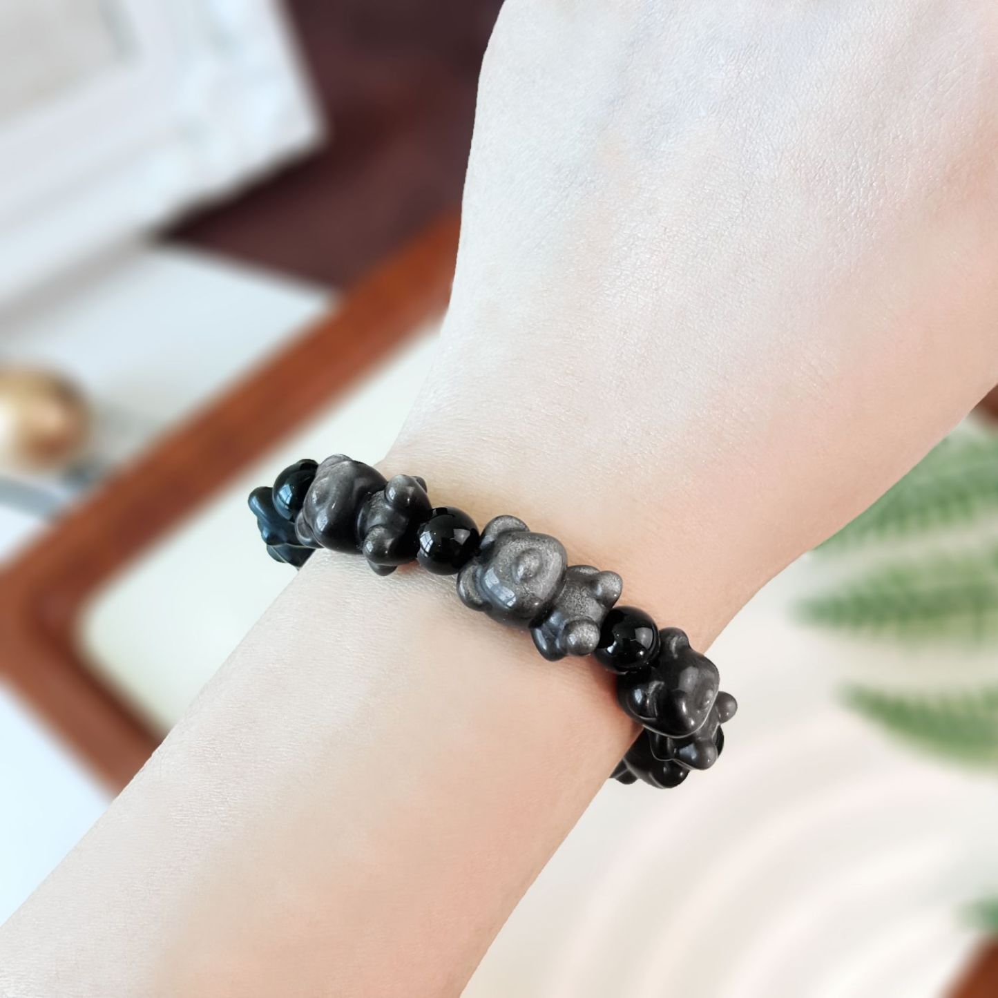 Silver Obsidian Bear Brick Design Bracelet