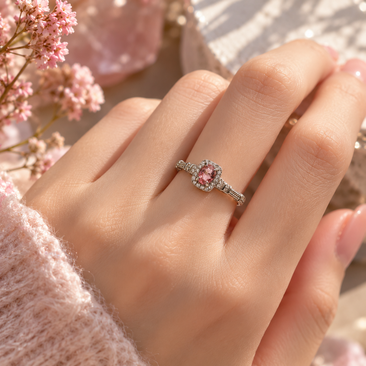 Elegant Rubellite and Zircon Oval Design Adjustable Ring