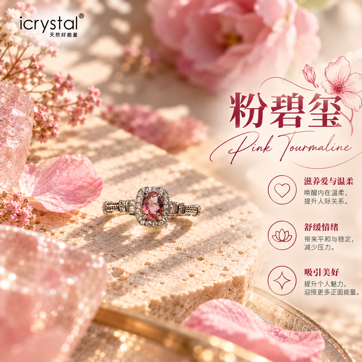 Elegant Rubellite and Zircon Oval Design Adjustable Ring