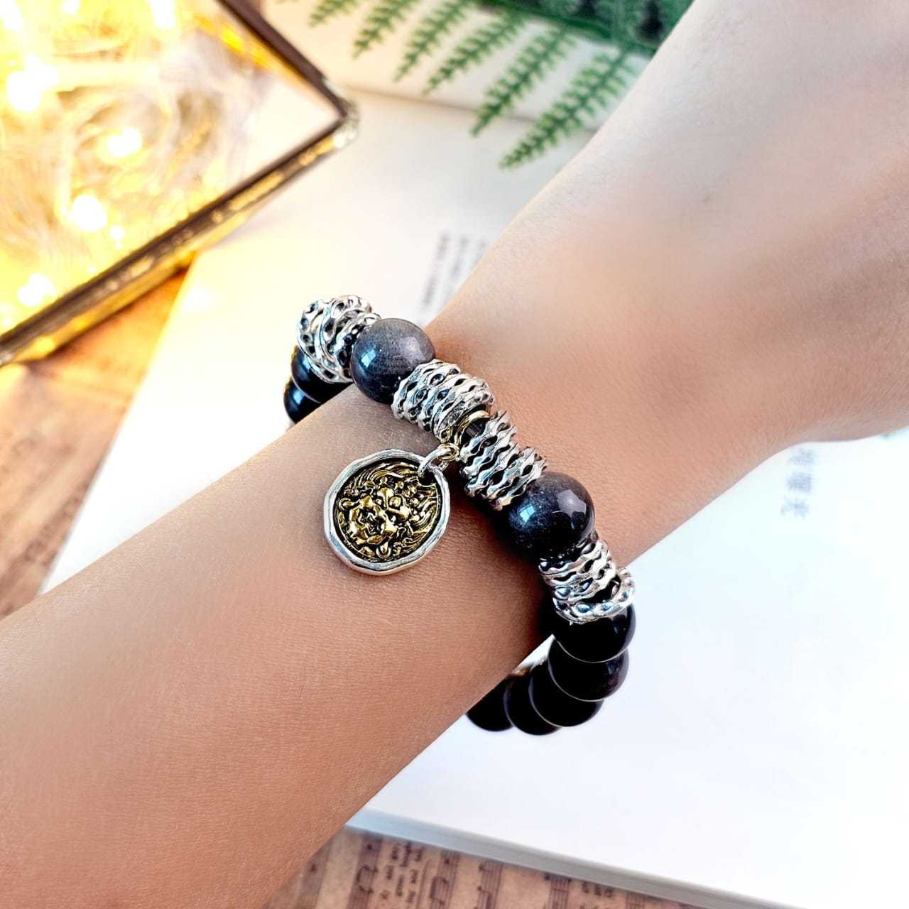 3 Feb - Silver Obsidian Yellow Fortune God Bracelet