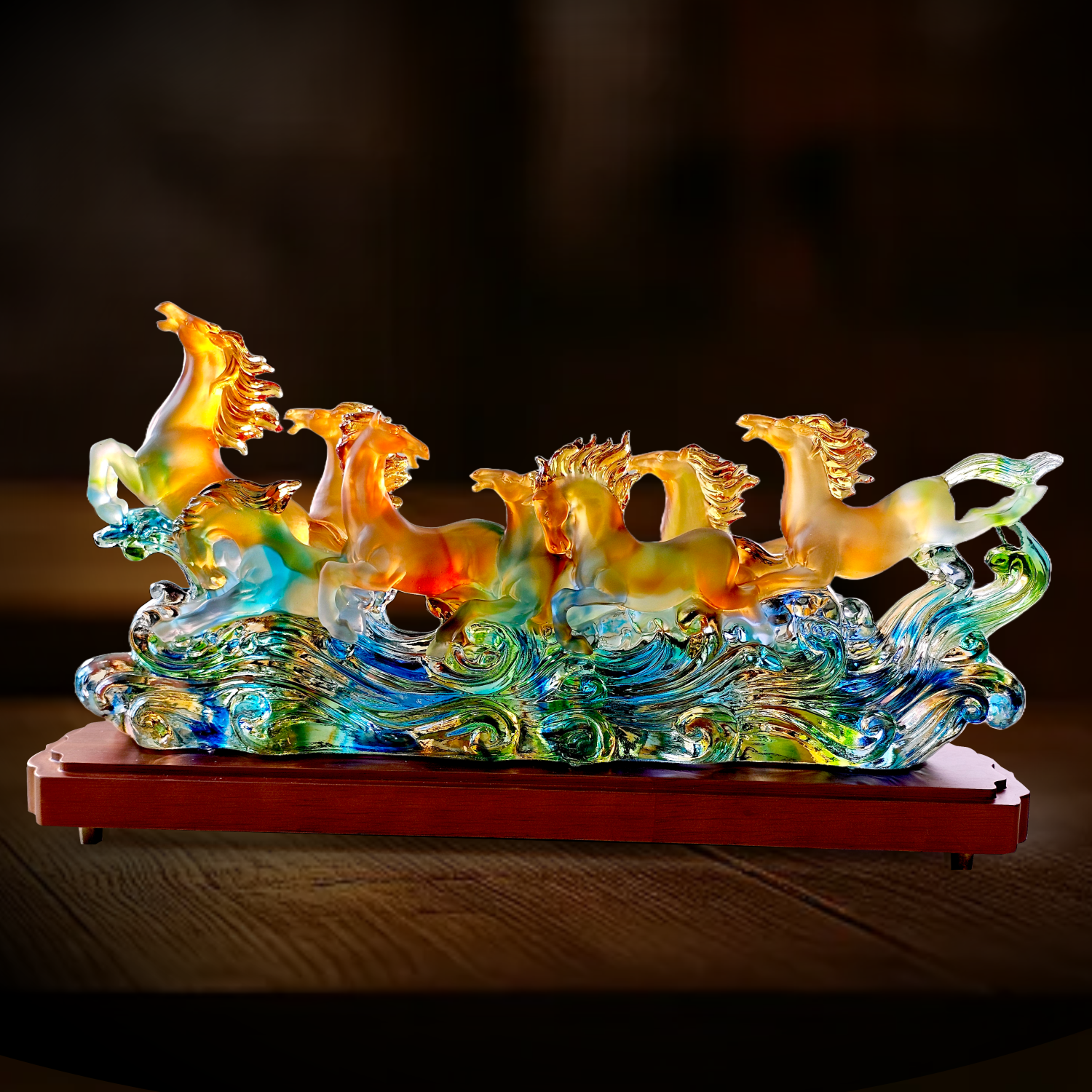 Colour Liu Li Eight Horse With Wood Stand