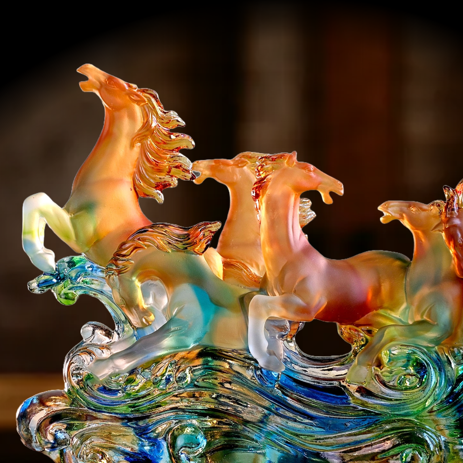 Colour Liu Li Eight Horse With Wood Stand