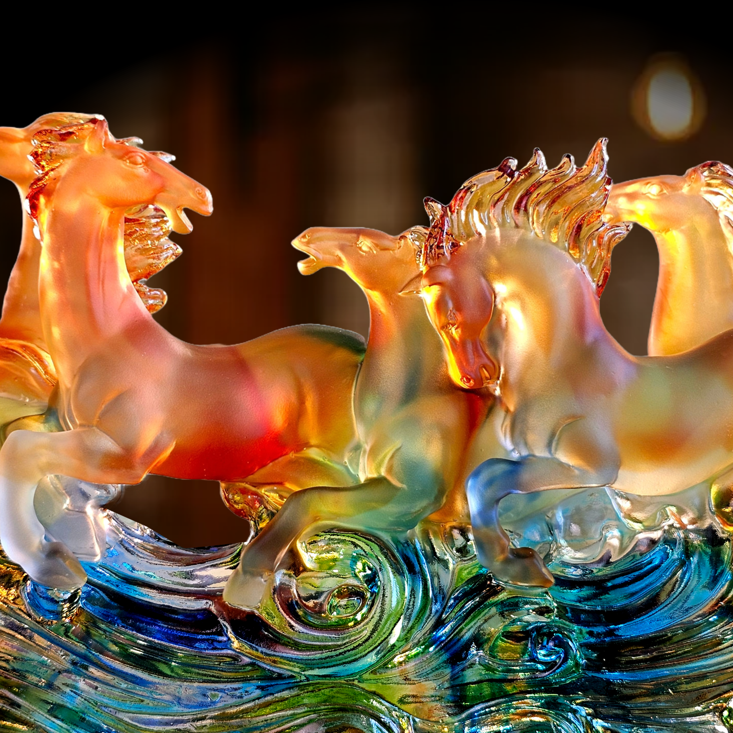 Colour Liu Li Eight Horse With Wood Stand