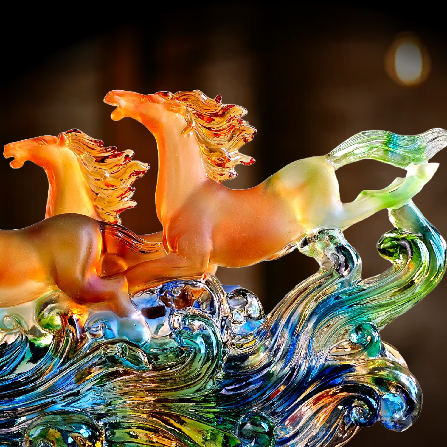 Colour Liu Li Eight Horse With Wood Stand