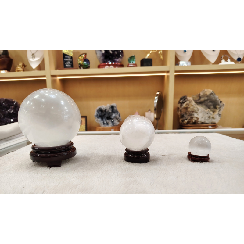 Selenite Ball with Wood Stand