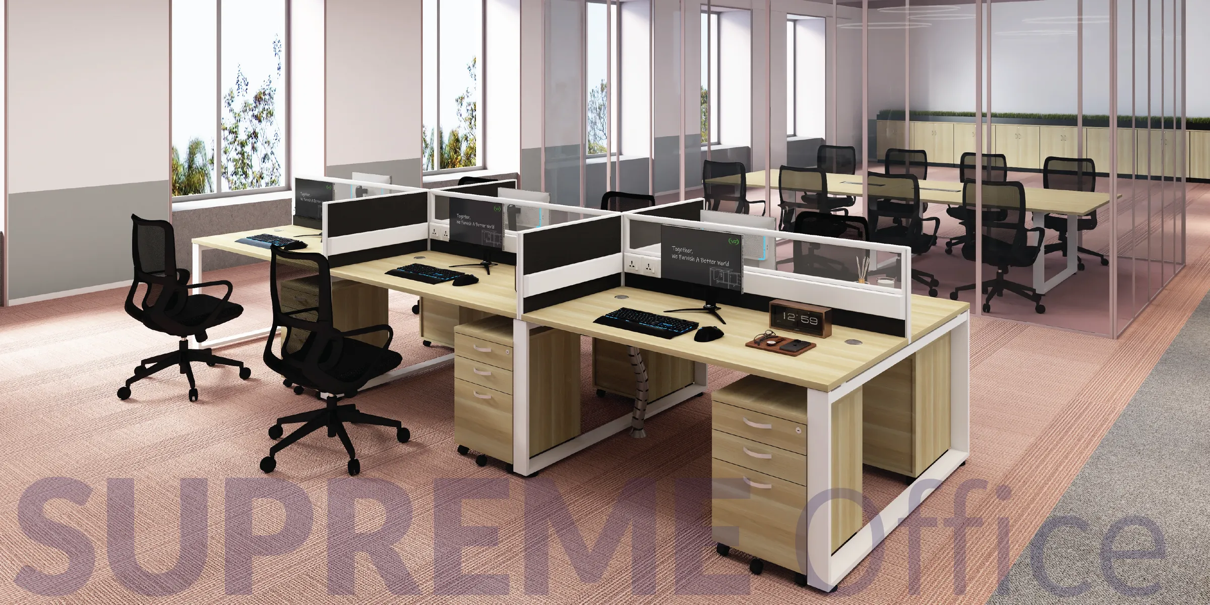 6 Seater Workstation with Mobile Pedestal + Half Glass Fabric Partition (Kindly contact us to order)