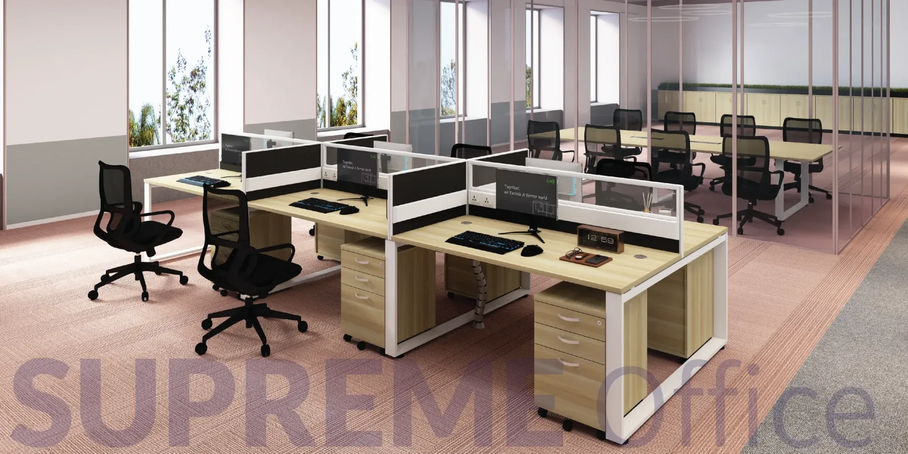 6 Seater Workstation with Mobile Pedestal + Half Glass Fabric Partition (Kindly contact us to order)