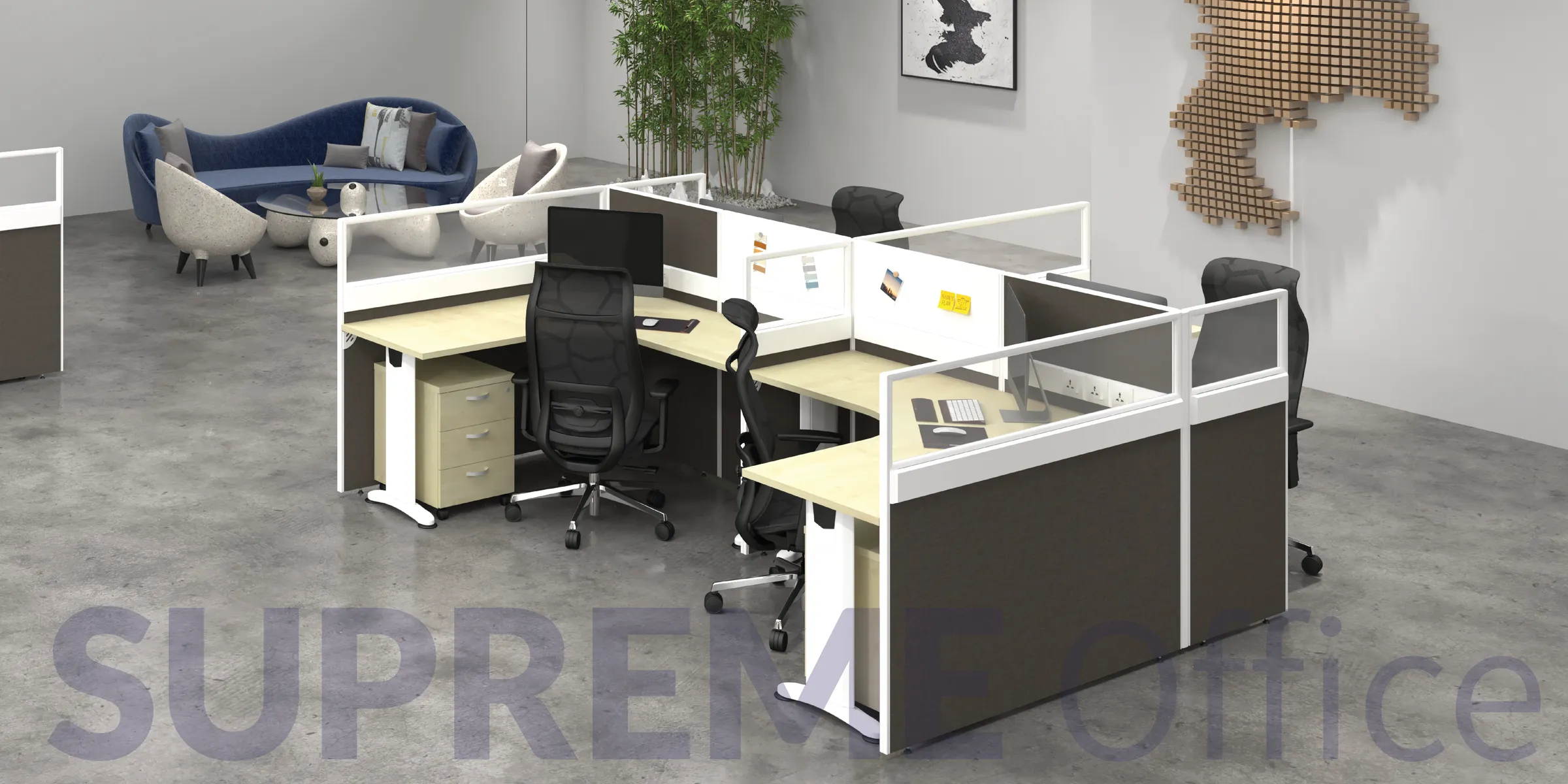 4 Seater Workstation with Mobile Pedestal + Half Glass with Fabric Standing Partition (Kindly contact us to order)