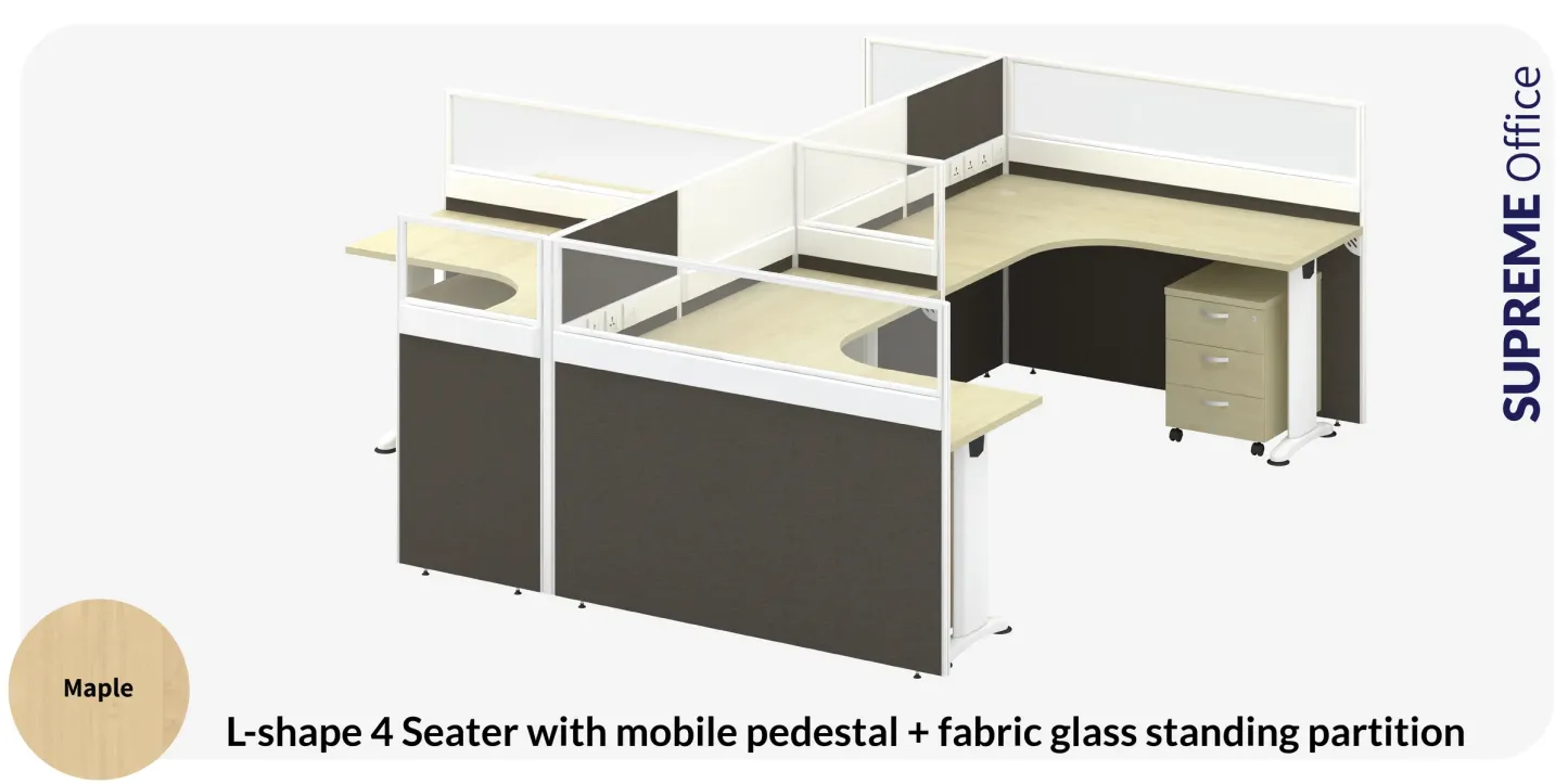 4 Seater Workstation with Mobile Pedestal + Half Glass with Fabric Standing Partition (Kindly contact us to order)