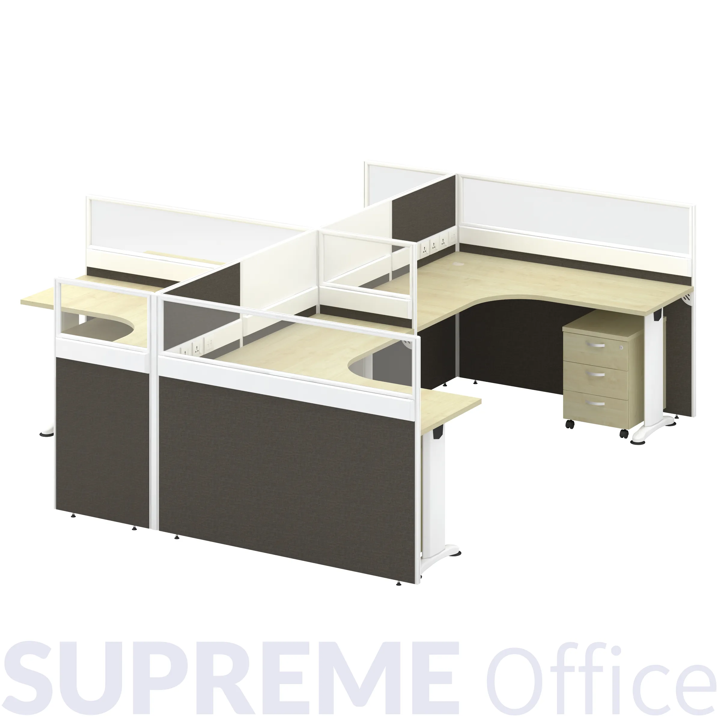 4 Seater Workstation with Mobile Pedestal + Half Glass with Fabric Standing Partition (Kindly contact us to order)