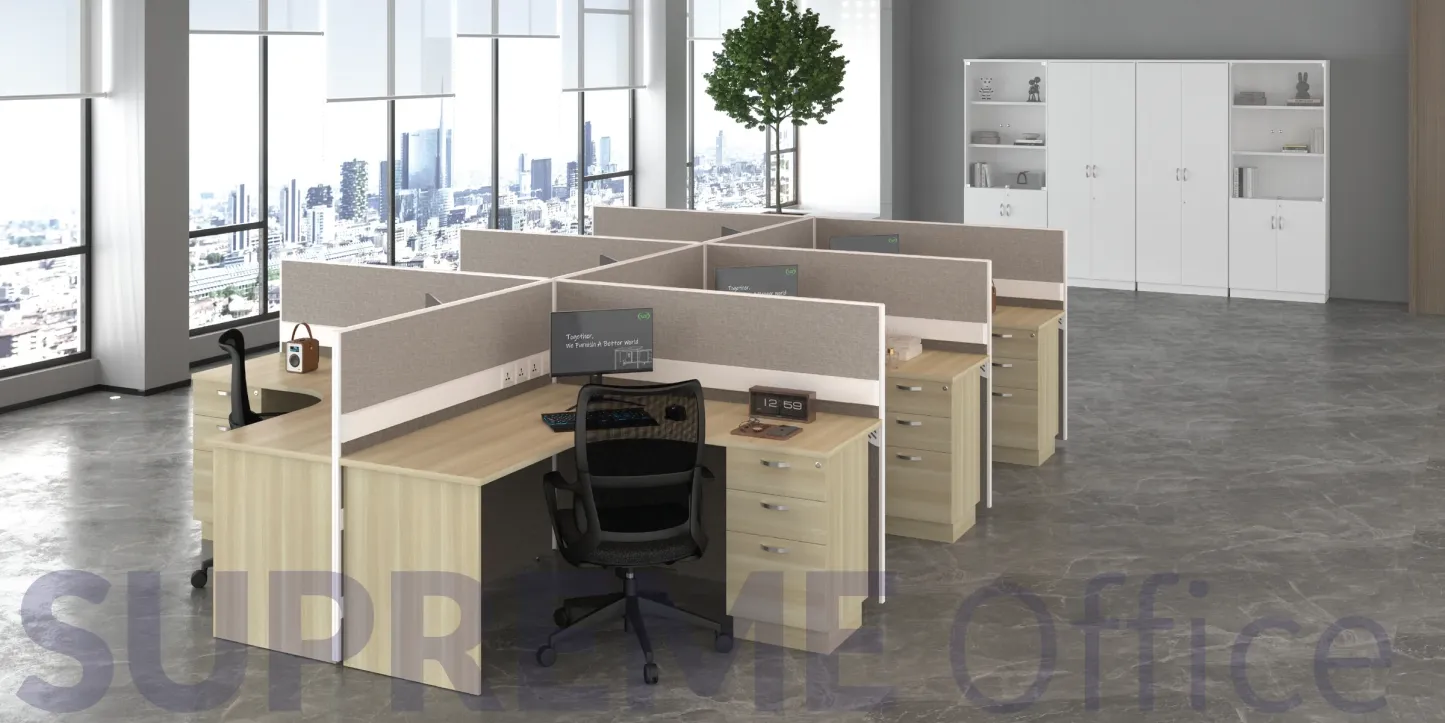 6 Seater Workstation with Fixed Pedestal + Fabric Standing Partition (L-shape tabletop) (Kindly contact us to order)