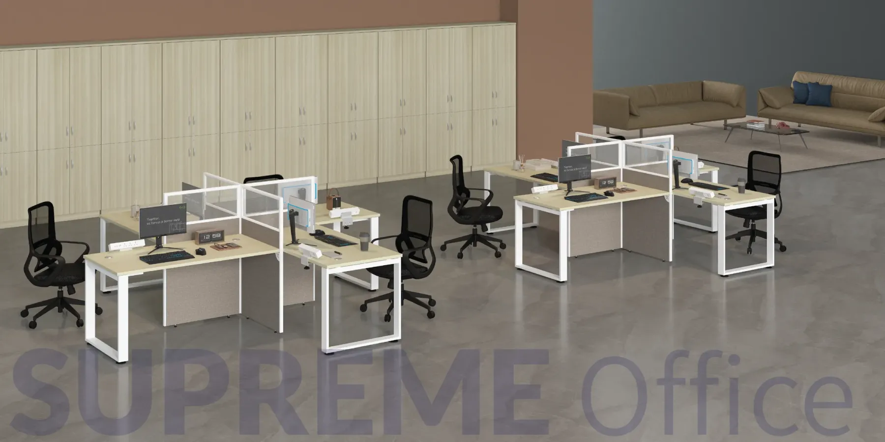 4 Seater Workstation with Half Glass-Fabric Standing Partition (Kindly contact us to order)