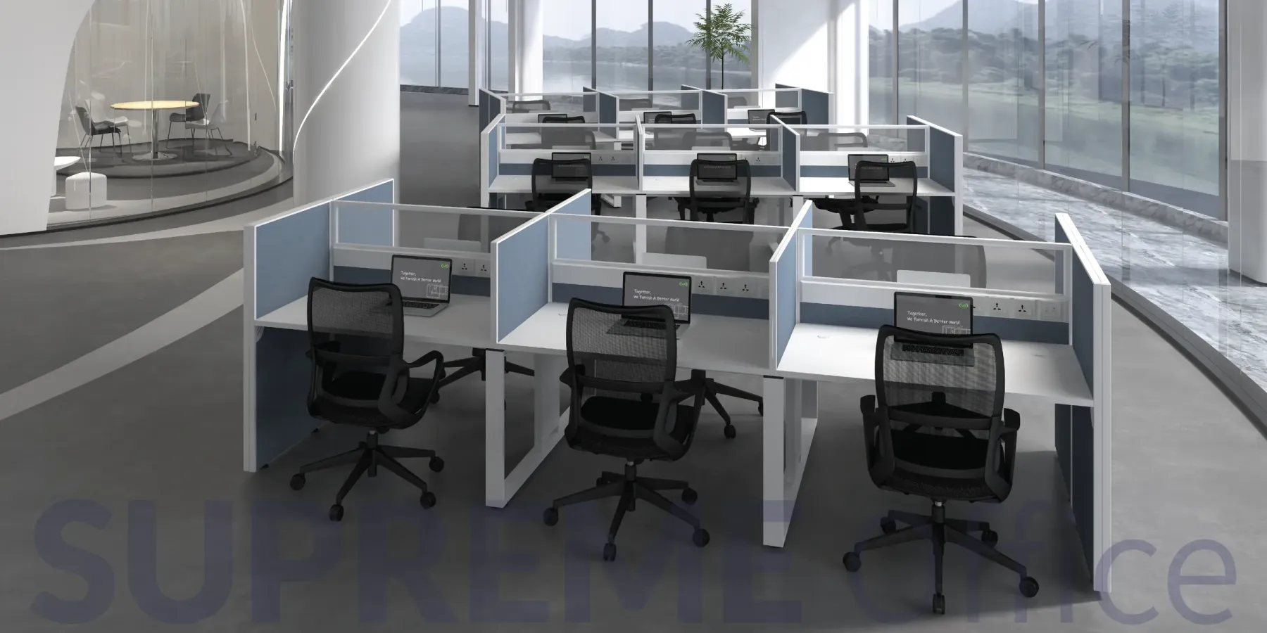 6 Seater Workstation with Standing Fabric Partition (Half Glass Partition) (Kindly contact us to order)