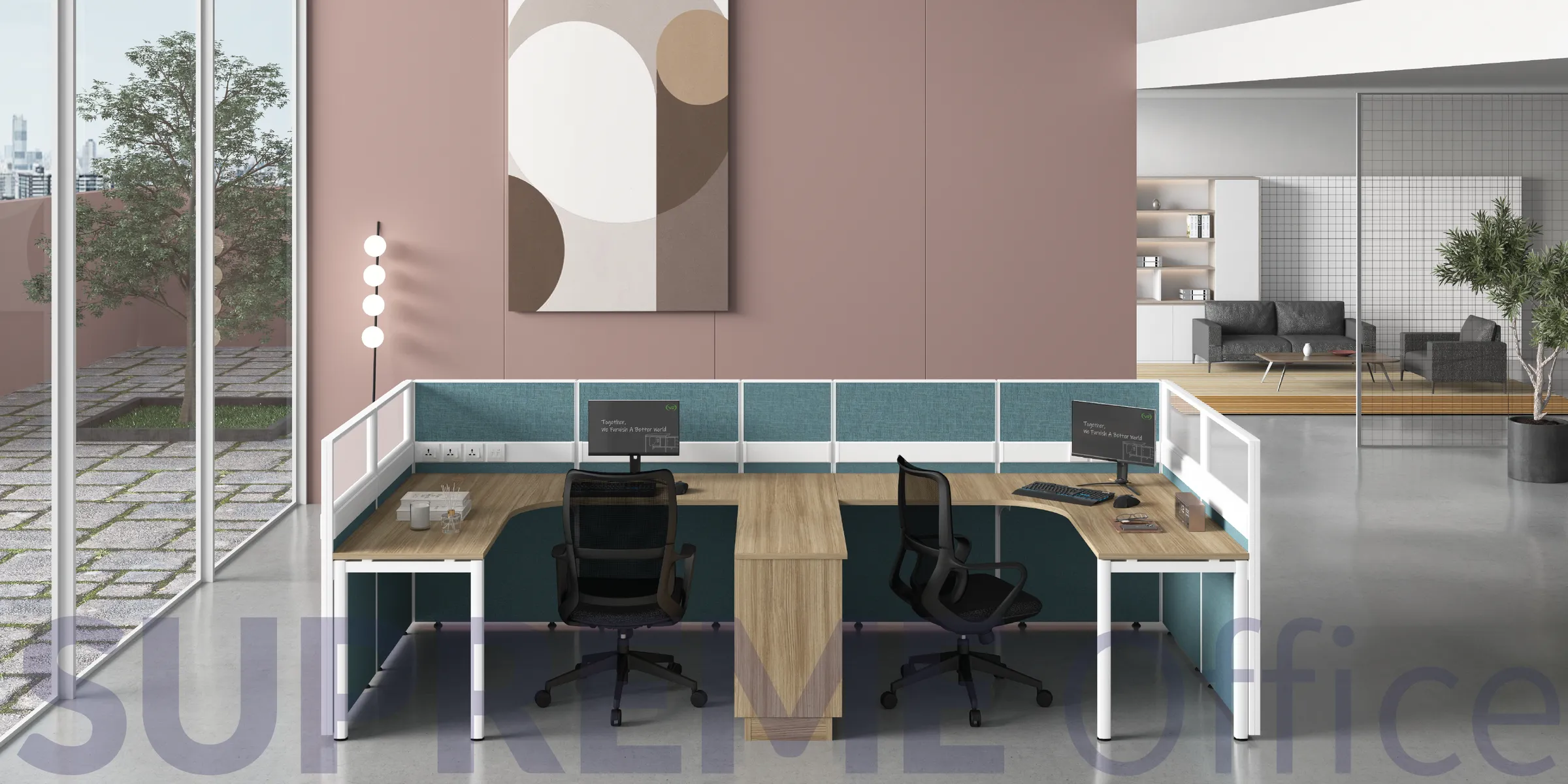 2 Dual Seater Workstation with Standing Partition (L-shape table) (Kindly contact us to order)