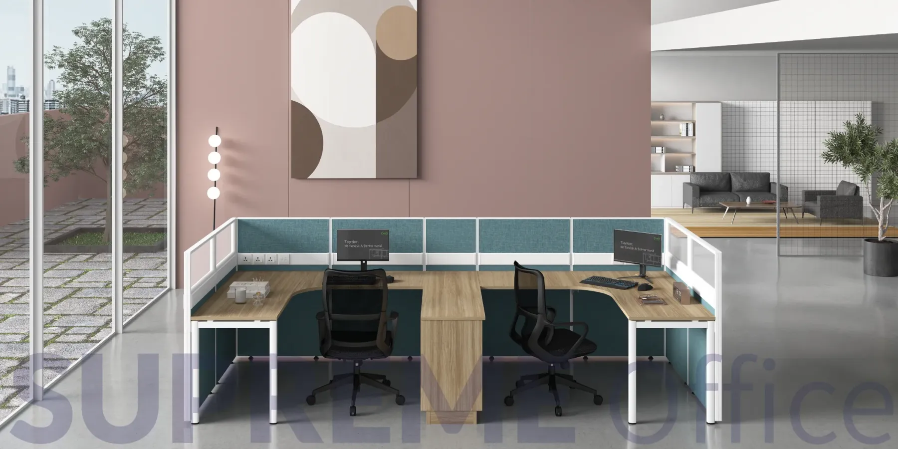 2 Dual Seater Workstation with Standing Partition (L-shape table) (Kindly contact us to order)