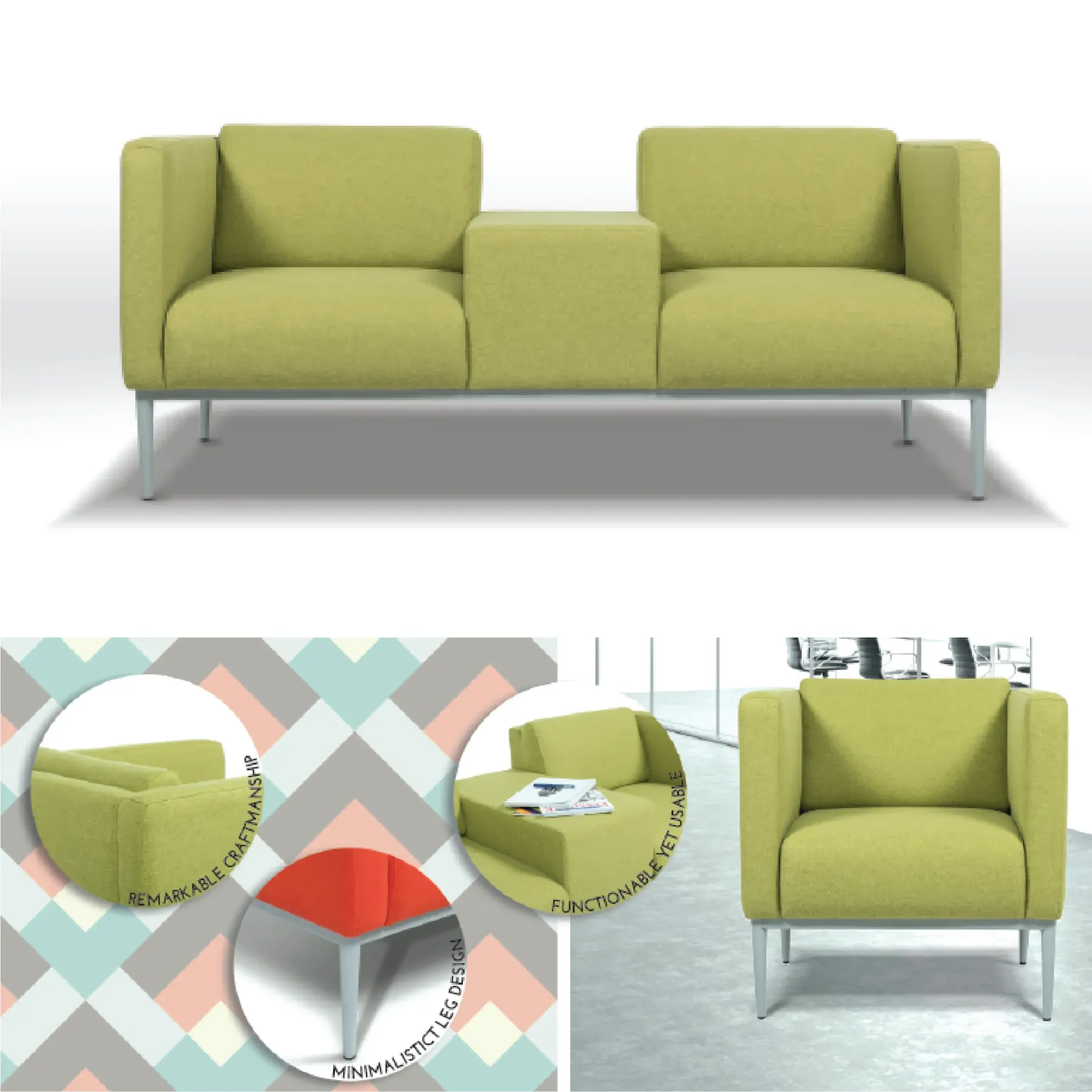 LIMON Sofa - 2 seaters with built in fabric table seperator [Fabric]