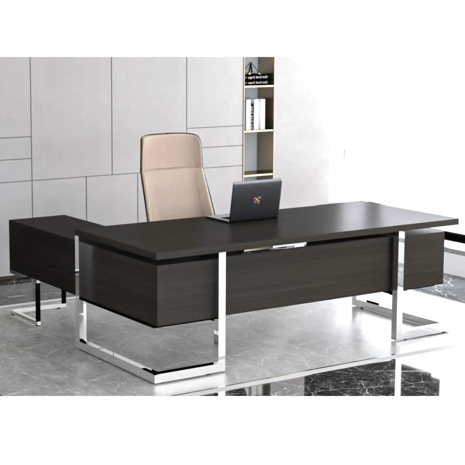 Classy Director Table with Side Cabinet - Chrome Leg