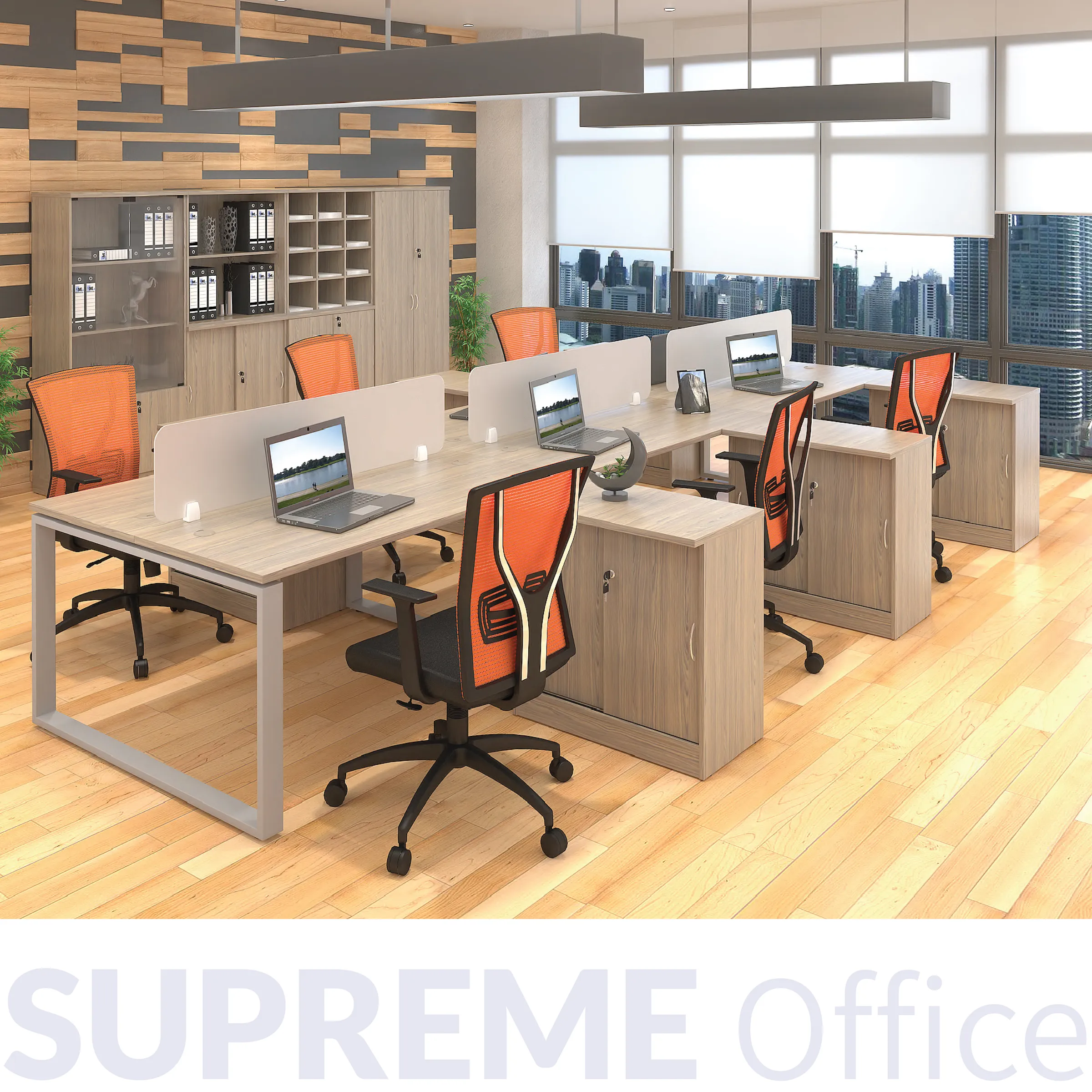 6 Seater Workstation with acrylic panel + side cabinet