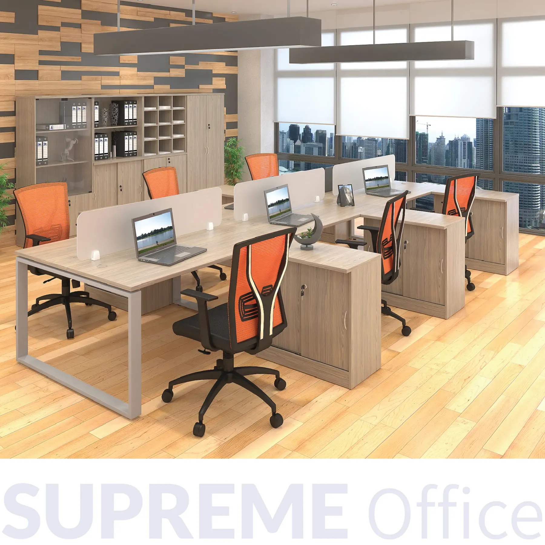 6 Seater Workstation with acrylic panel + side cabinet