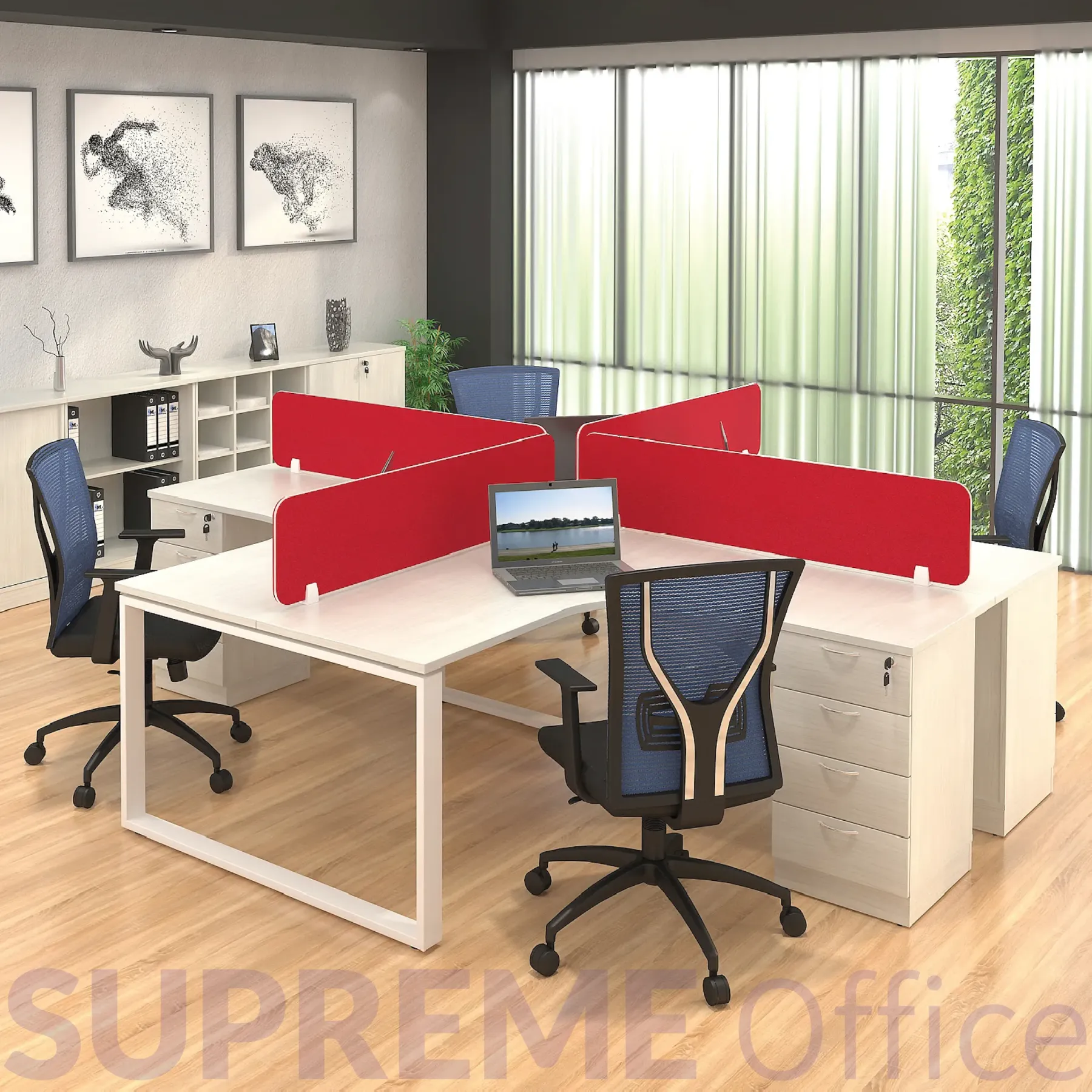 L-Shaped 4 Seater with Fixed 4D Pedestal Leg - Frameless Hanging Partition