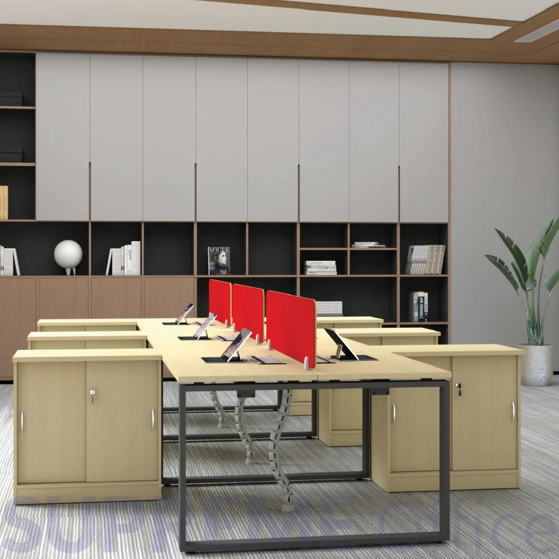 6 Seater Workstation with O Leg - with side sliding door cabinet