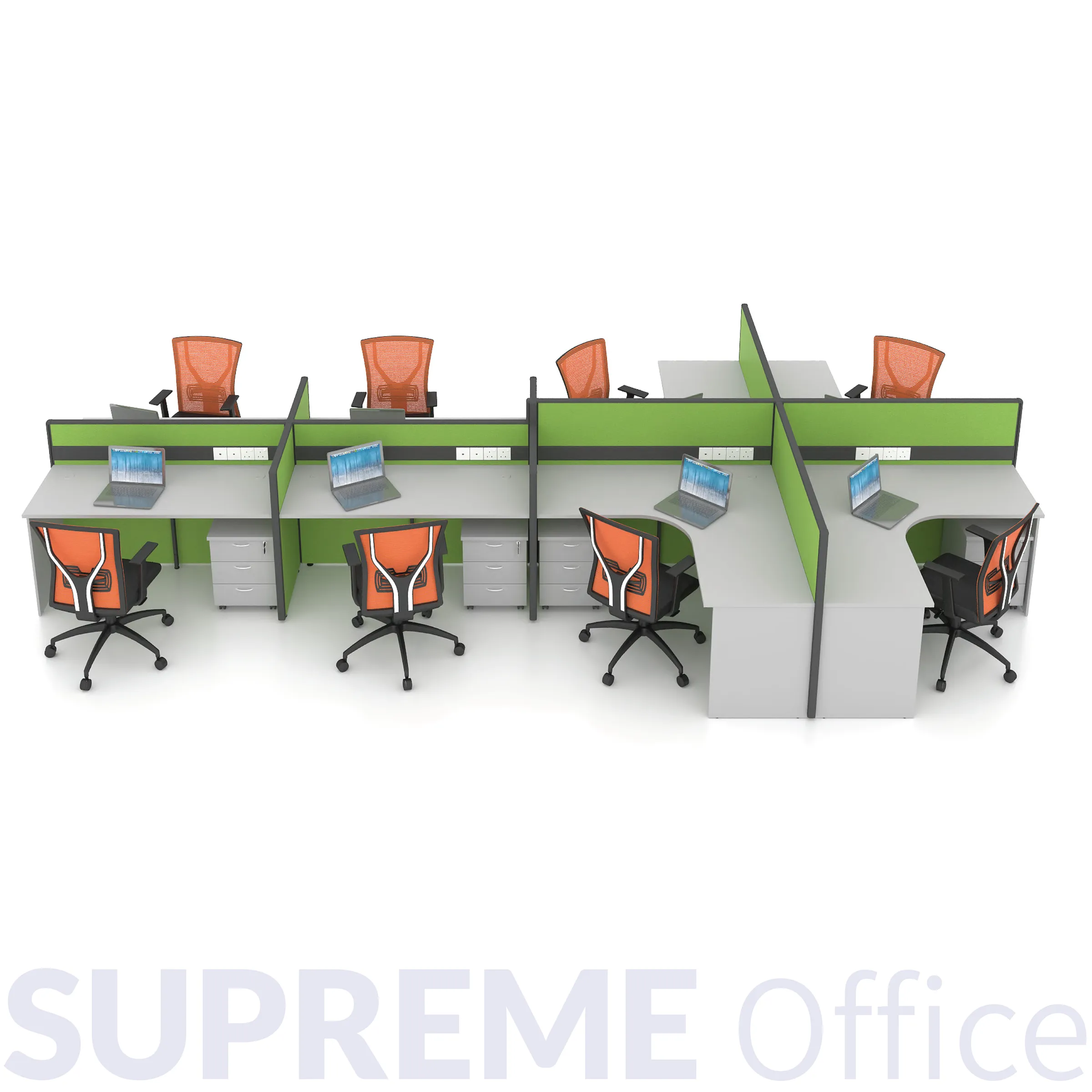 8 Seater Workstation - Combination of L-shape and Rectangular Table - Standing Partition