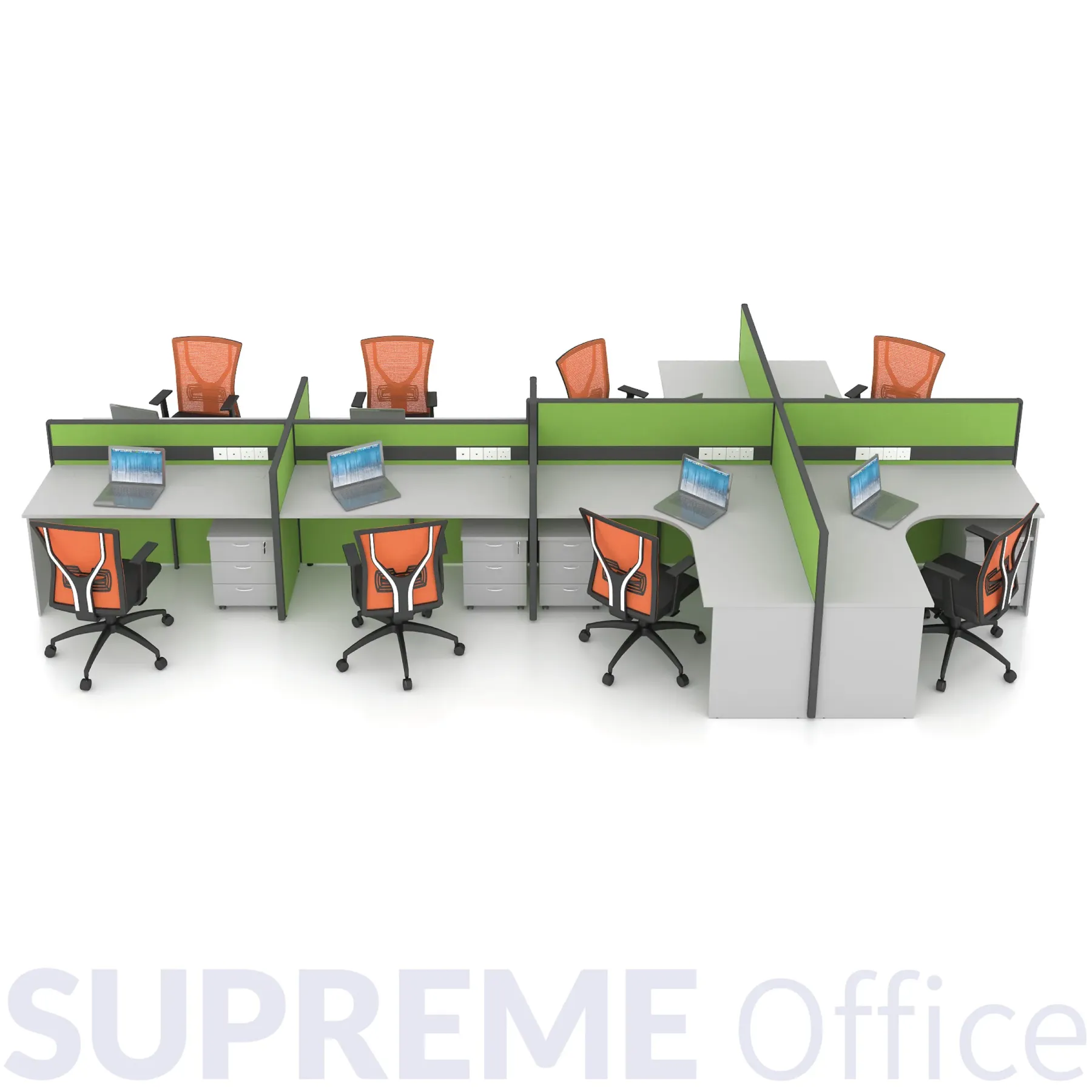8 Seater Workstation - Combination of L-shape and Rectangular Table - Standing Partition