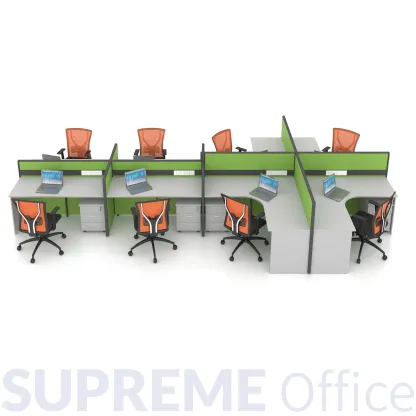 8 Seater Workstation - Combination of L-shape and Rectangular Table - Standing Partition